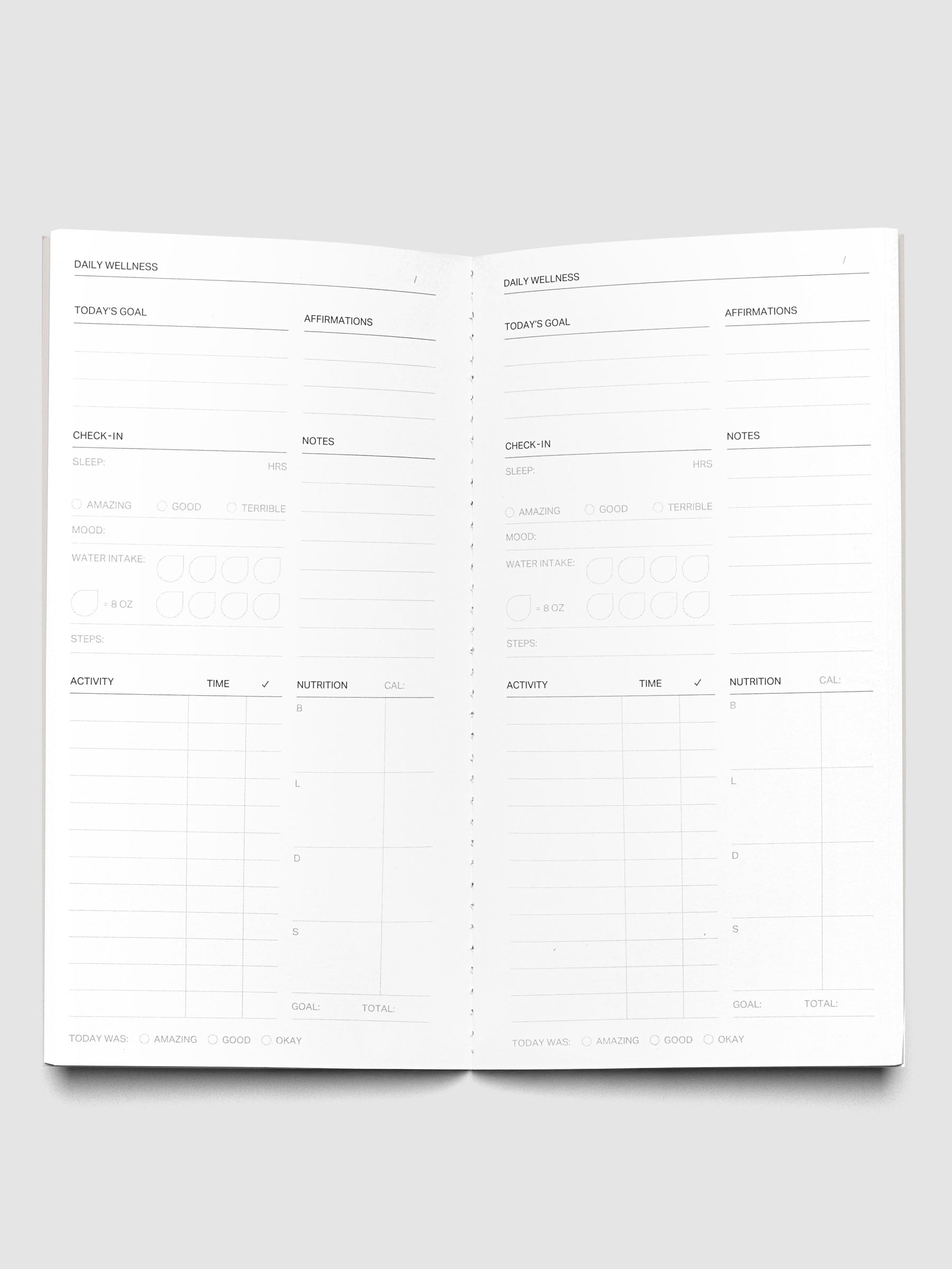 Interior of Travel Notebook in size A5 Slim in color Smoked Salt with Daily Wellness pages.