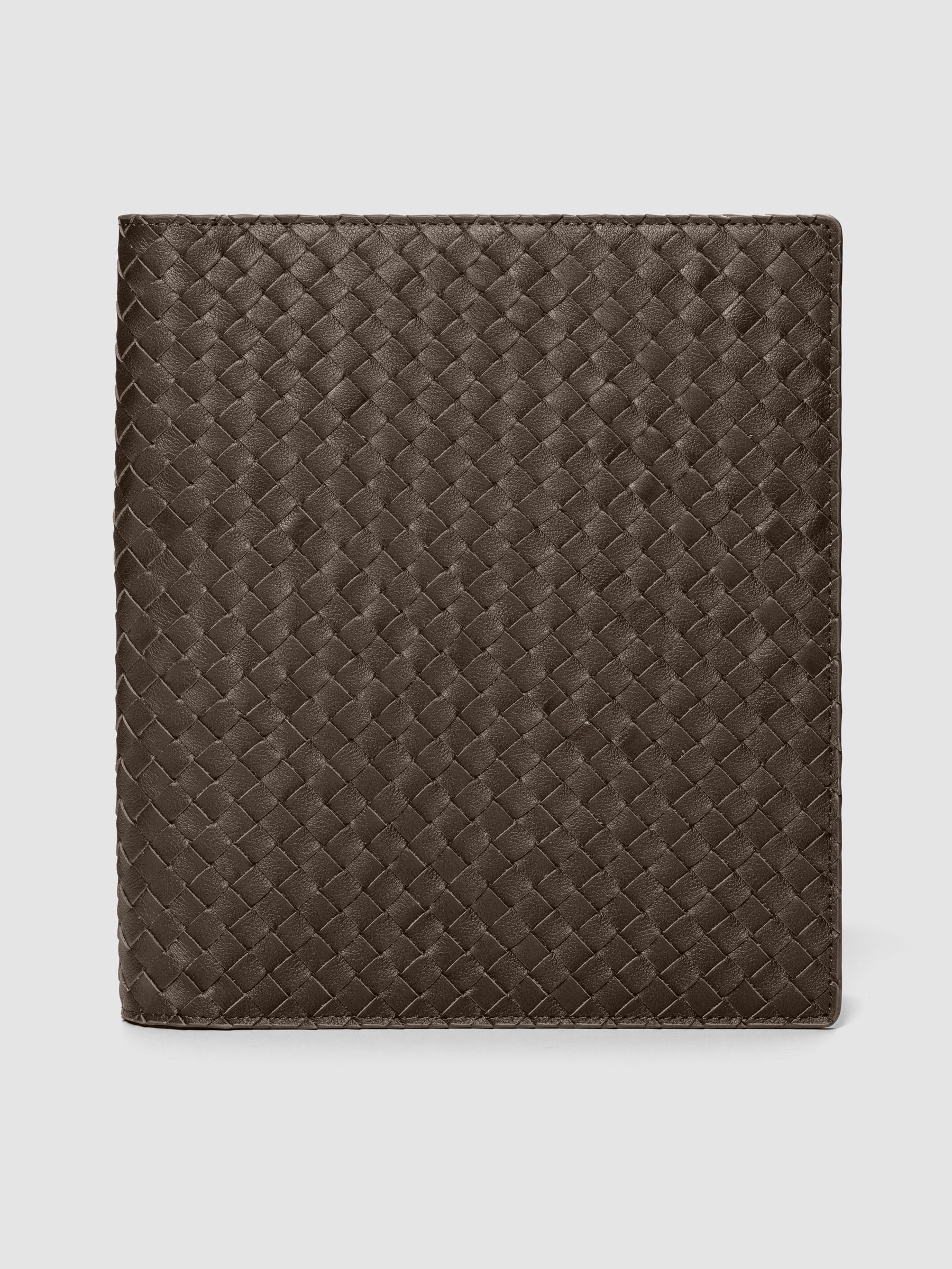 Dark brown genuine leather woven leather folio sized for HP Classic planners.