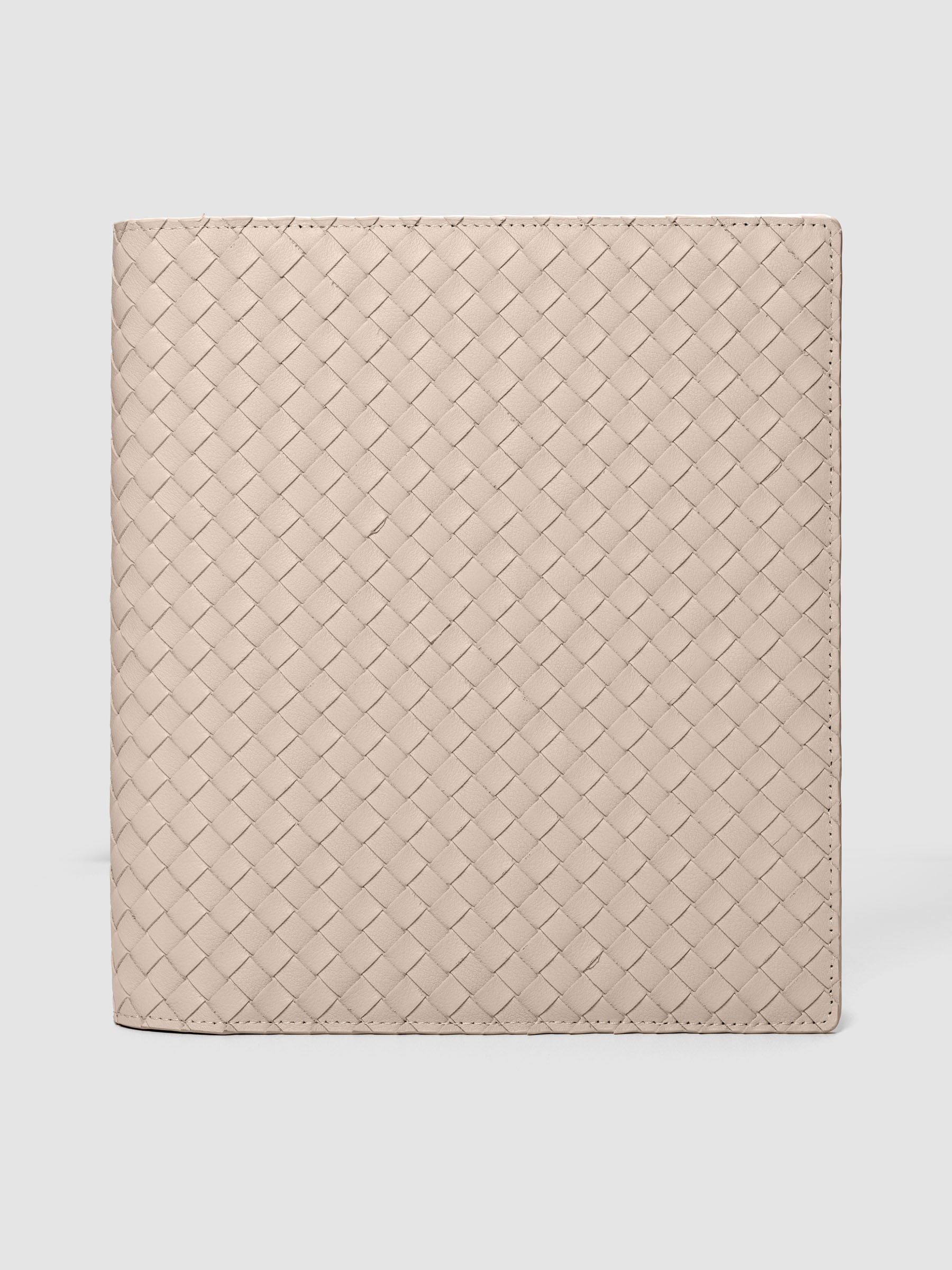 Beige genuine leather woven leather folio sized for HP Classic planners.
