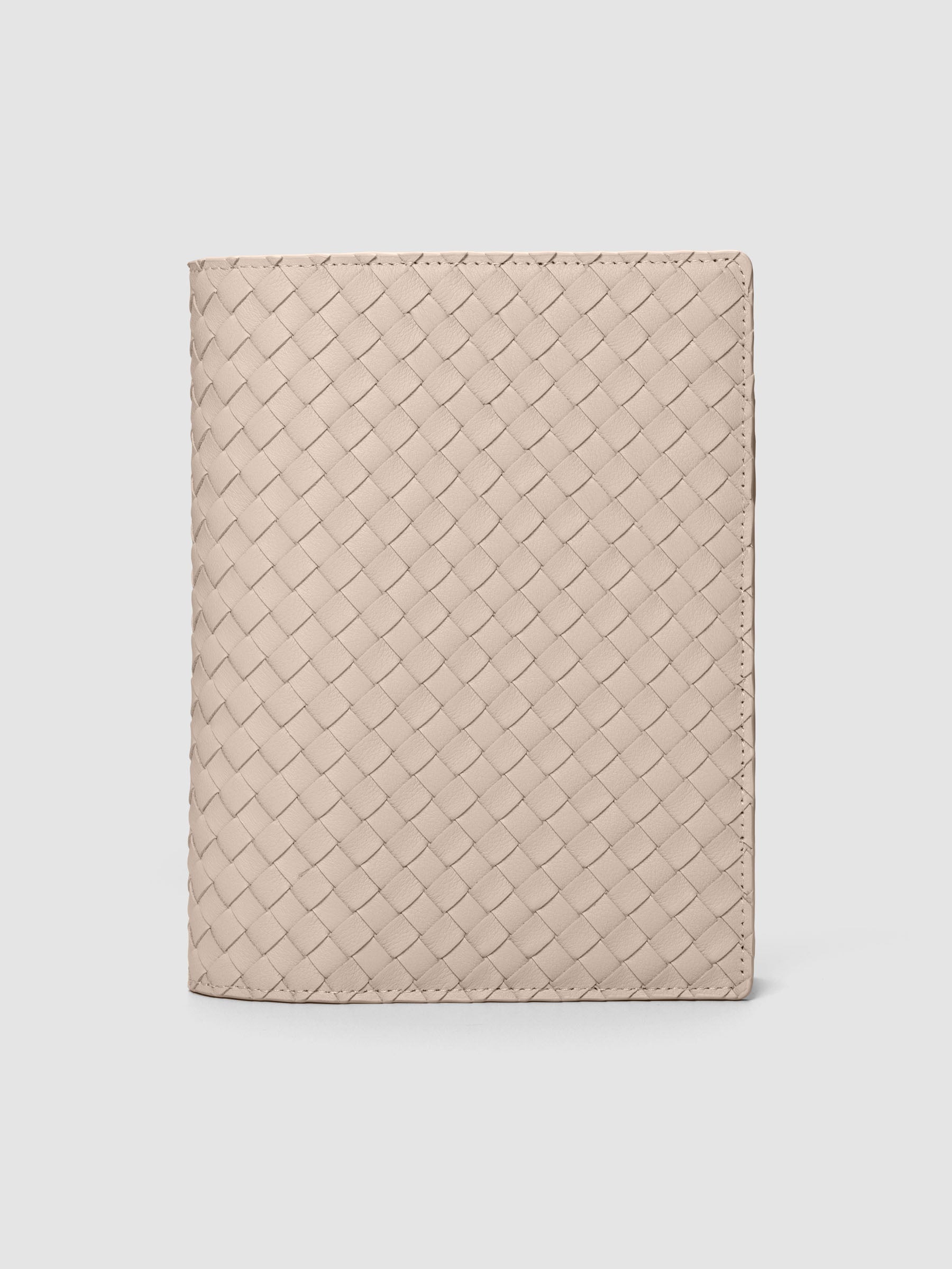 Beige genuine leather woven leather folio sized for Half Letter and A5 planners.
