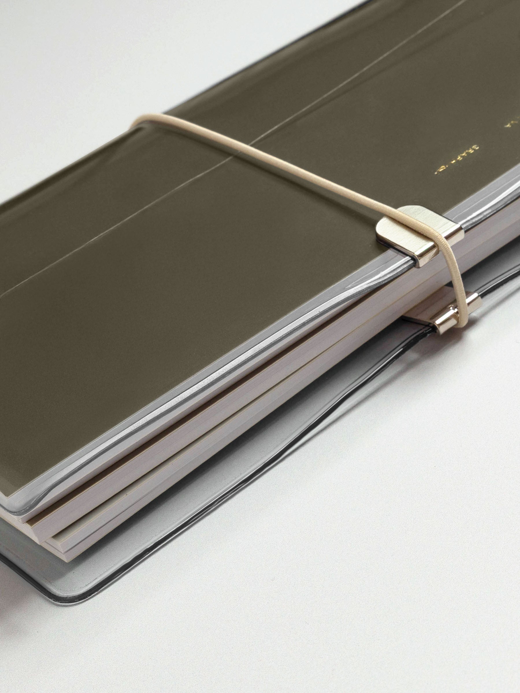 Side-view of the clear vinyl planner with a set of travel notebooks attached