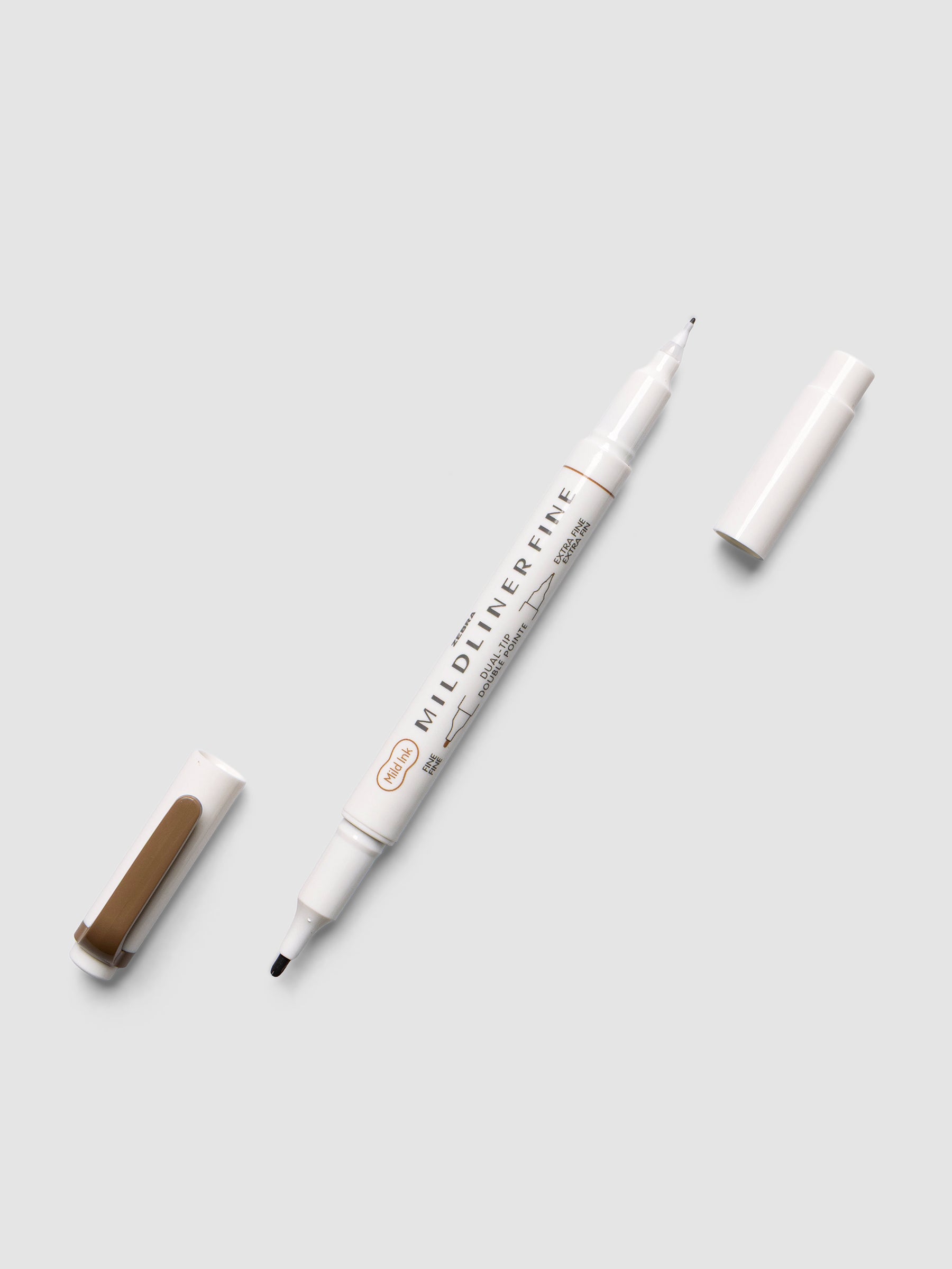 Zebra Mildliner Dual-Tip Fineliner in brown with both caps removed