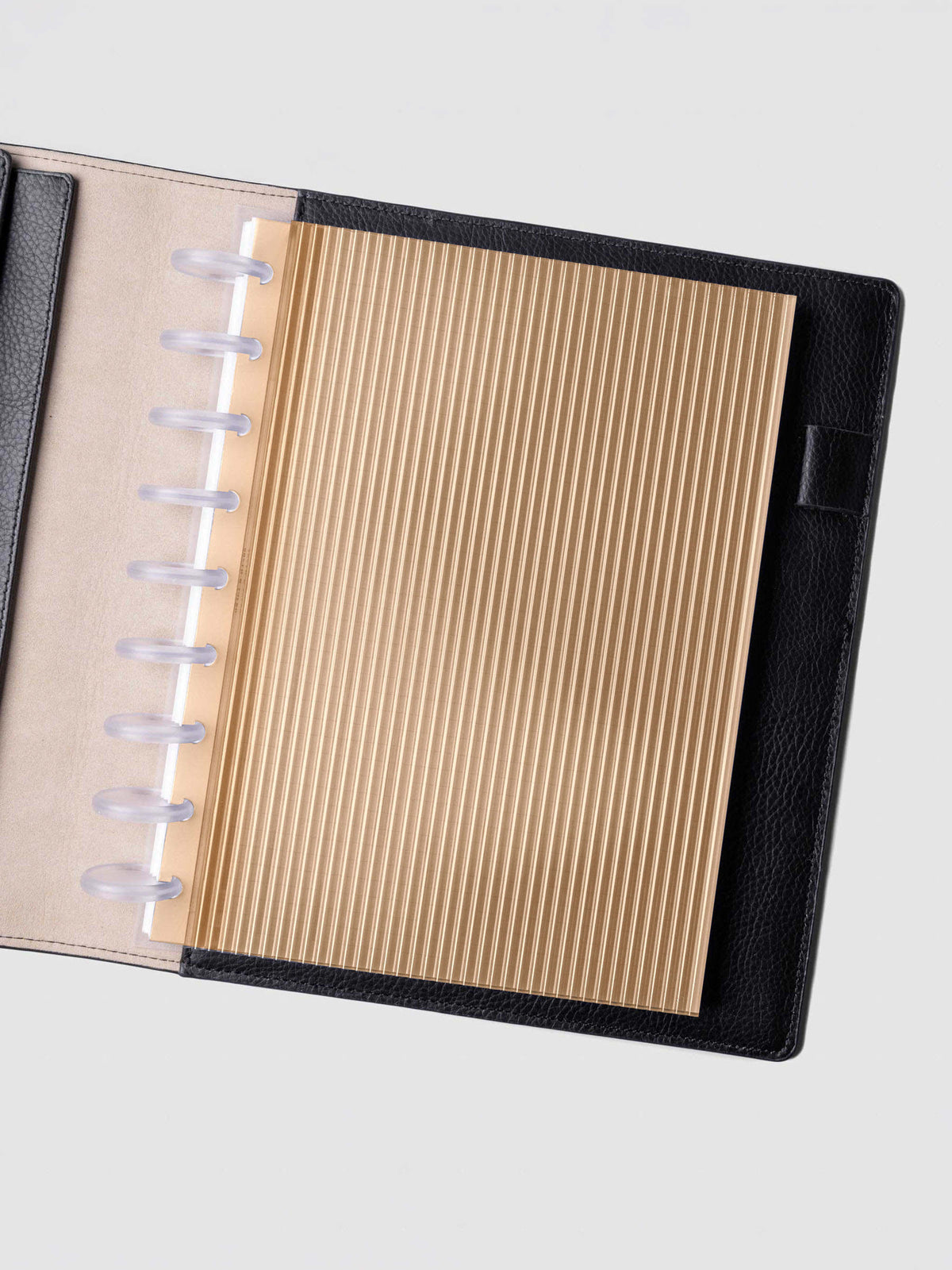 Bisque fluted planner dashboard in HP Classic size shown in a black leather discbound cover with clear discs.