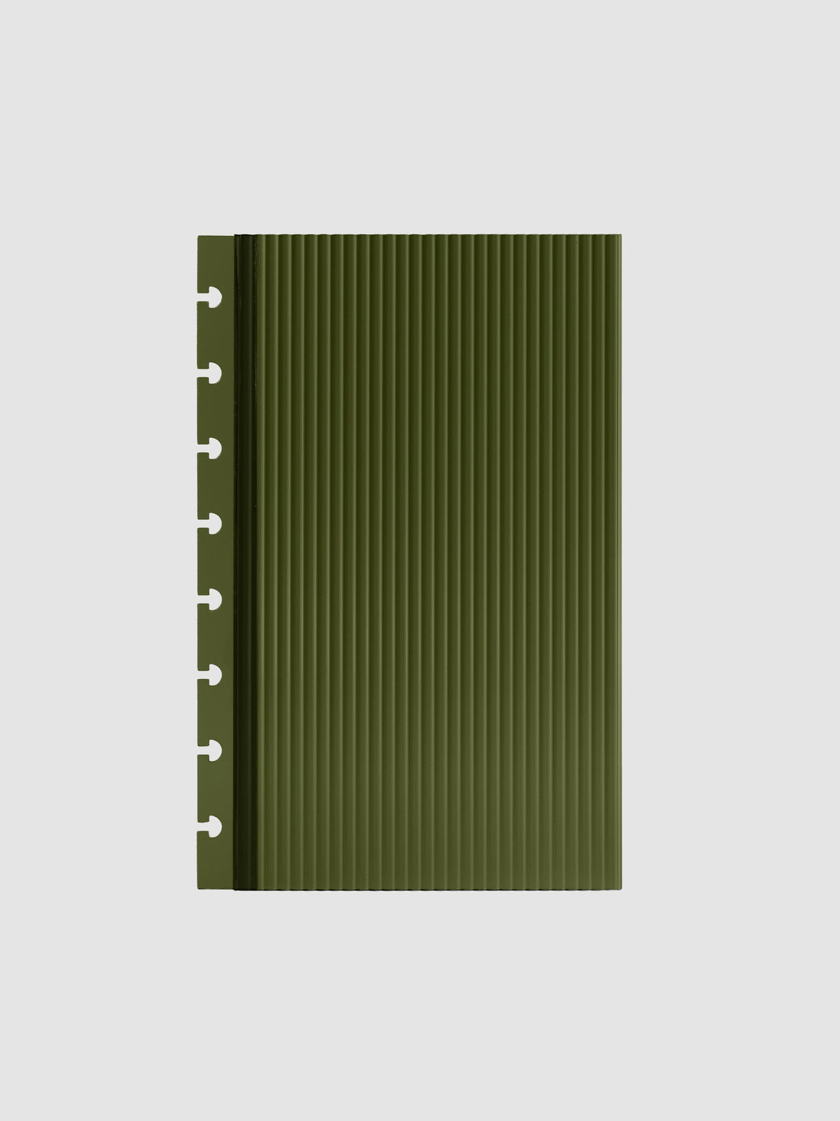 Olive fluted planner dashboard in Half Letter size, eight disc punch, shown flat on a grey background.