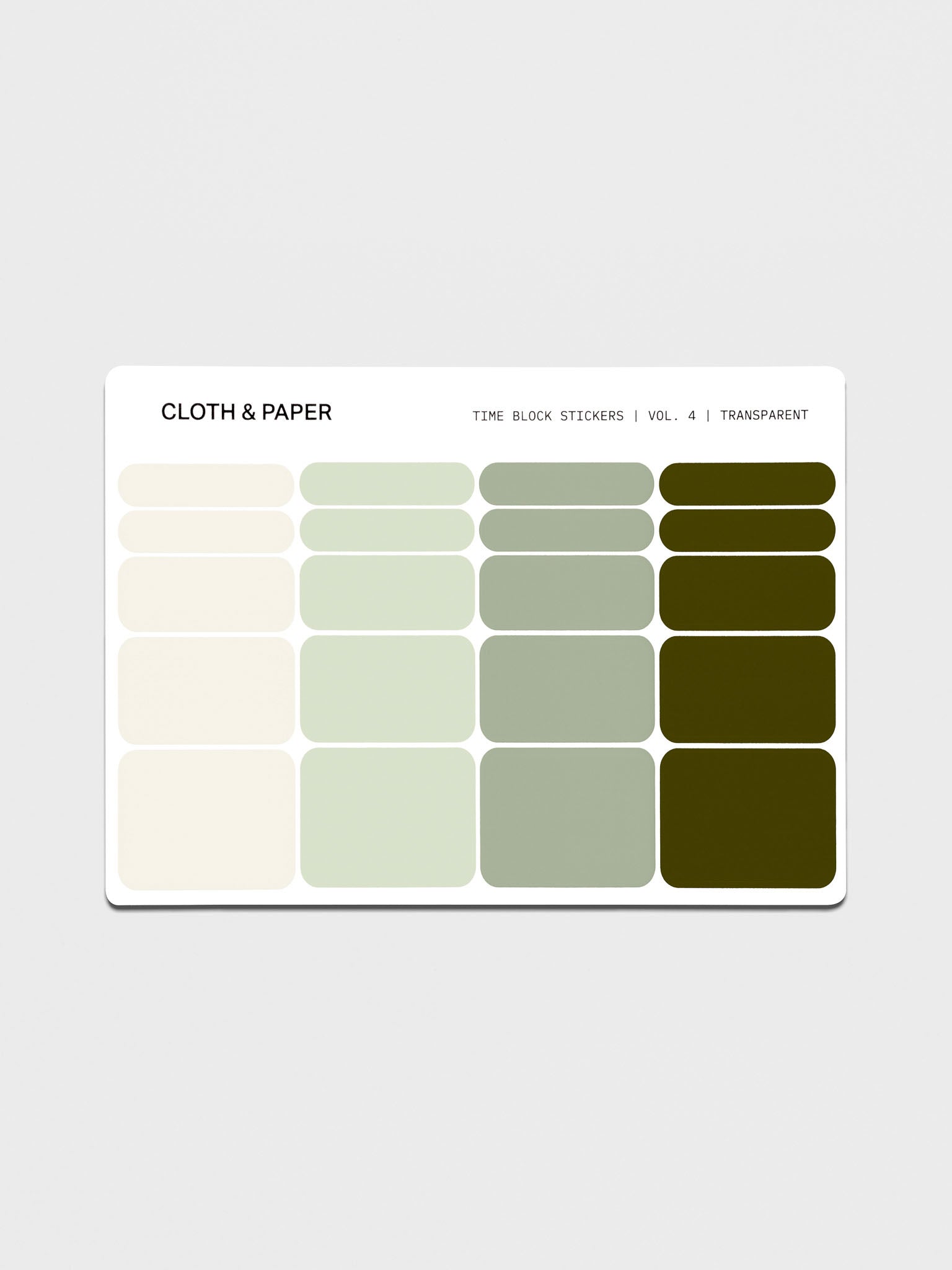 Cloth & Paper Time Block Stickers Vol. 4 in transparent. A single sheet featuring rectangular stickers in layered off white and three shades of green.
