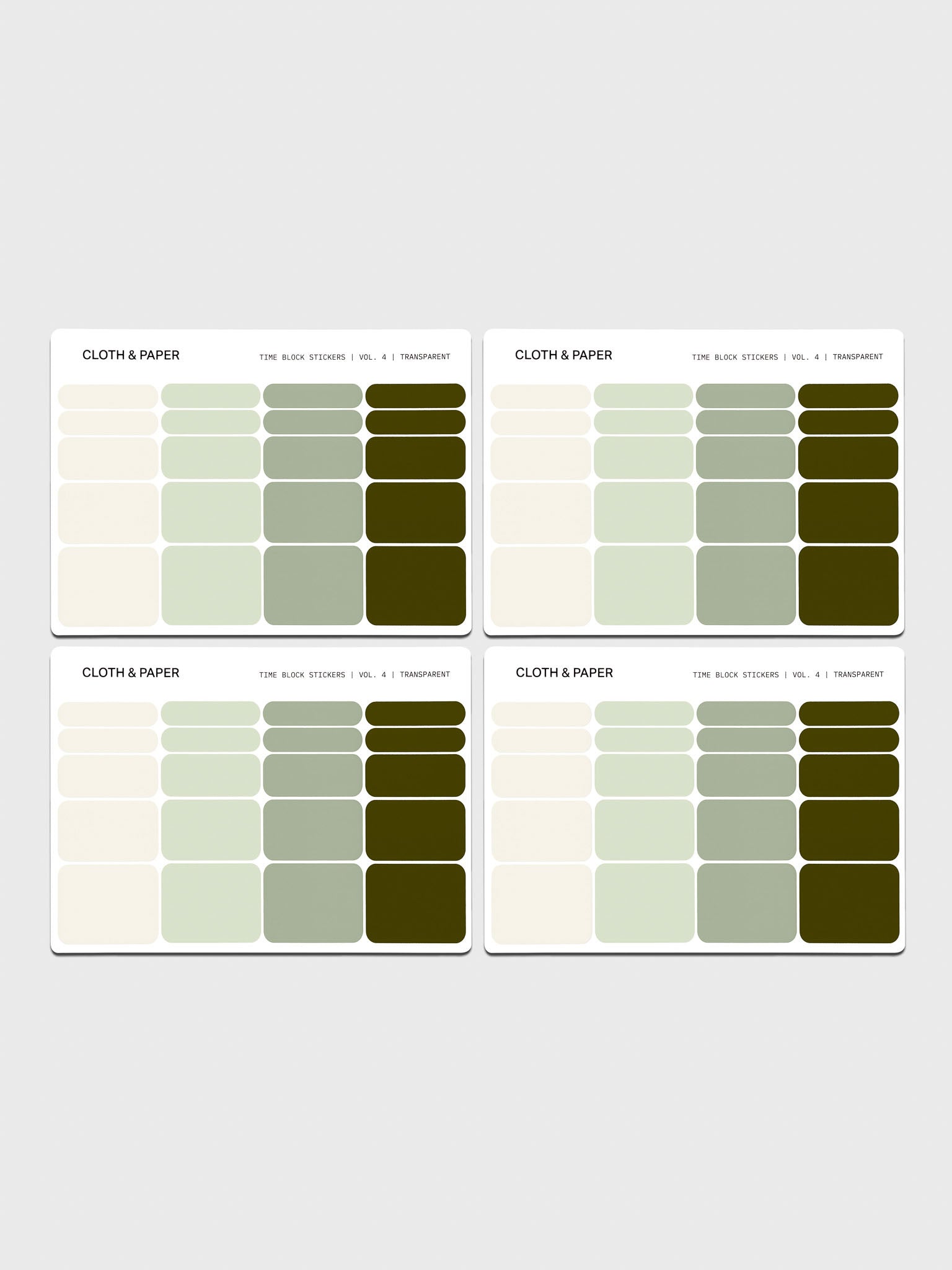 Cloth & Paper Time Block Stickers Vol. 4 in transparent. Four sheets featuring rectangular stickers in layered off white and three shades of green.