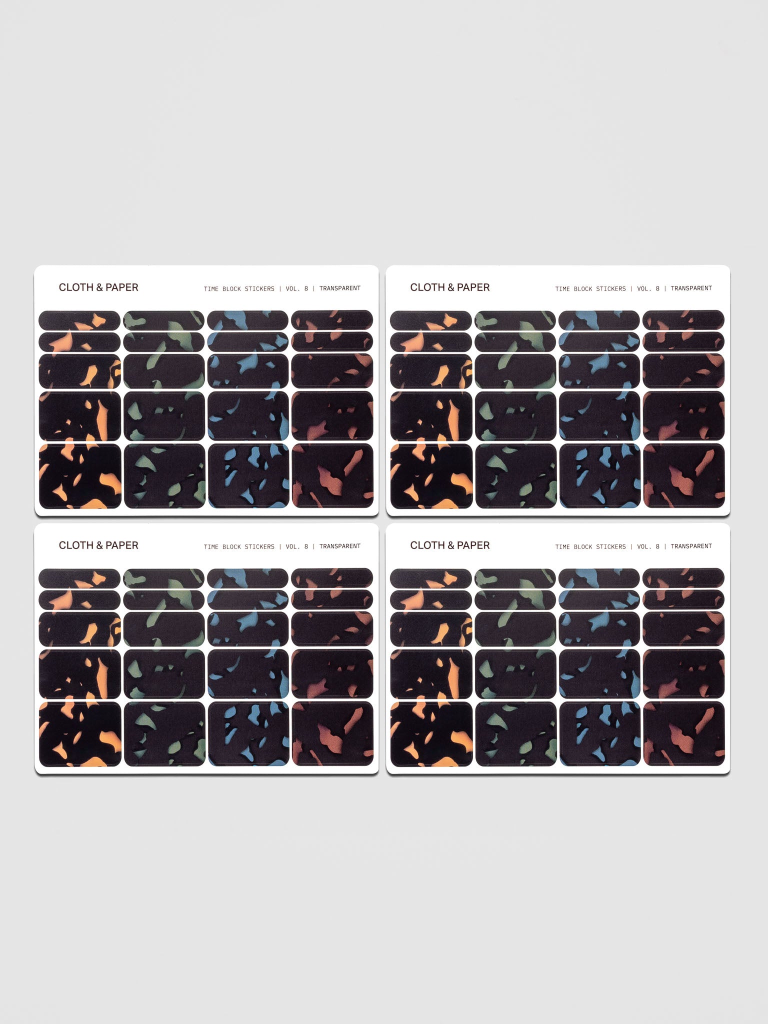 Four sheets of Time Block Stickers Vol. 8 in multiple tortoiseshell style colors.