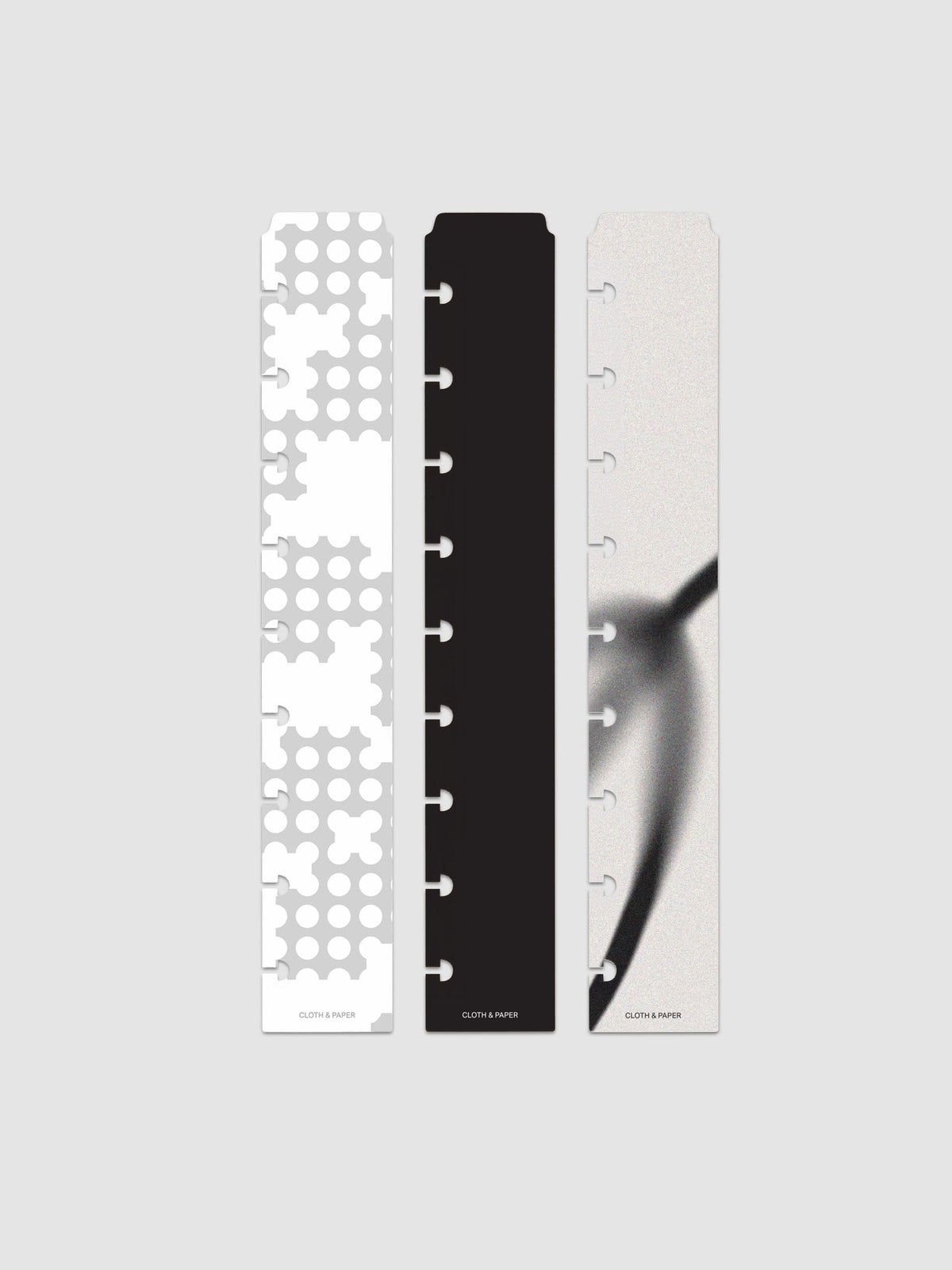 Narrow Page Marker Set in Punched Holes, Blurred Line and Avant Garde, HP Classic 9-Disc Punch, three top tab page markers
