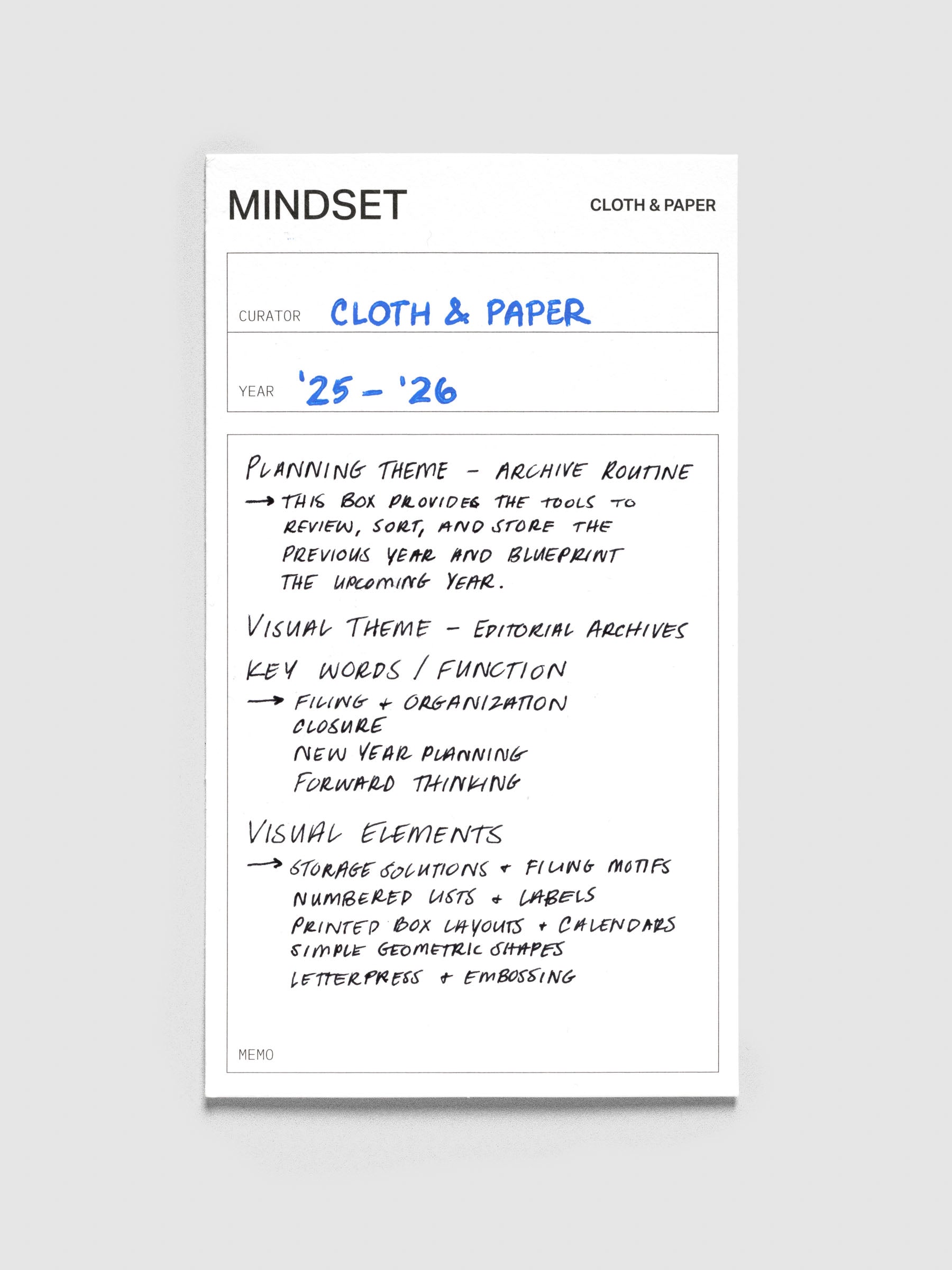 This Year's Mindset Card with handwritten notes as an example.