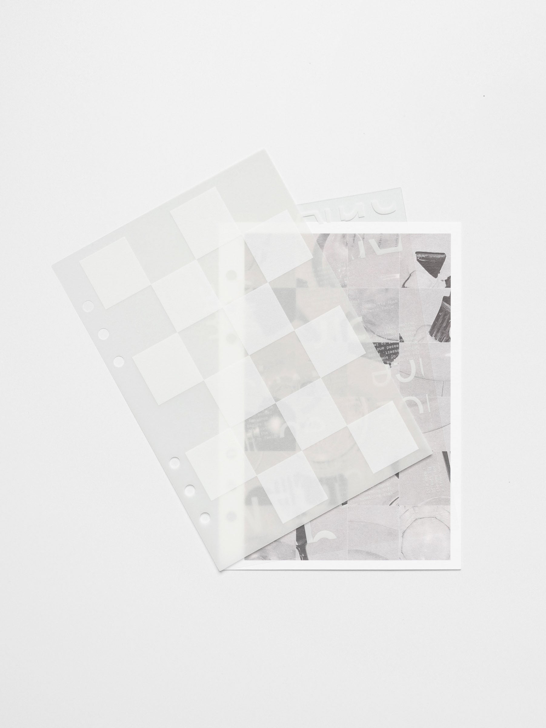 The Ambiance Planner Dashboard trio displayed outside of a planner, showing the three individual layers: a frosted checkered dashboard, a translucent typographic design, and a bold black-and-white collage.