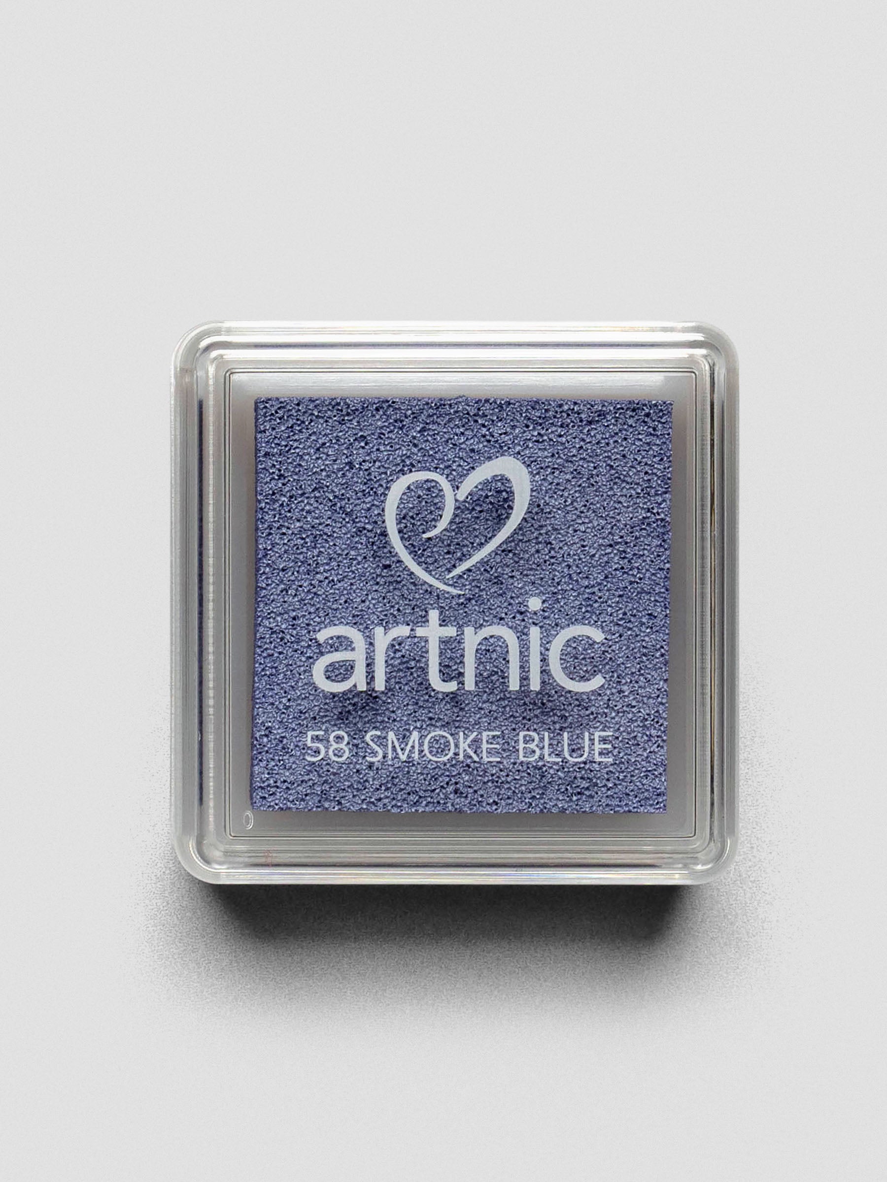 Square light blue Artnic ink pad with clear lid labeled “58 Smoke Blue,” viewed from above.