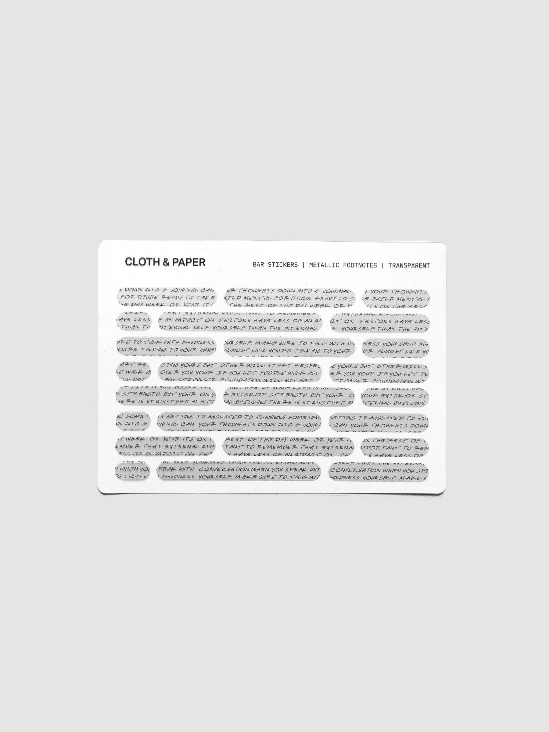 One sheet of Bar Stickers | Footnotes on a neutral background.