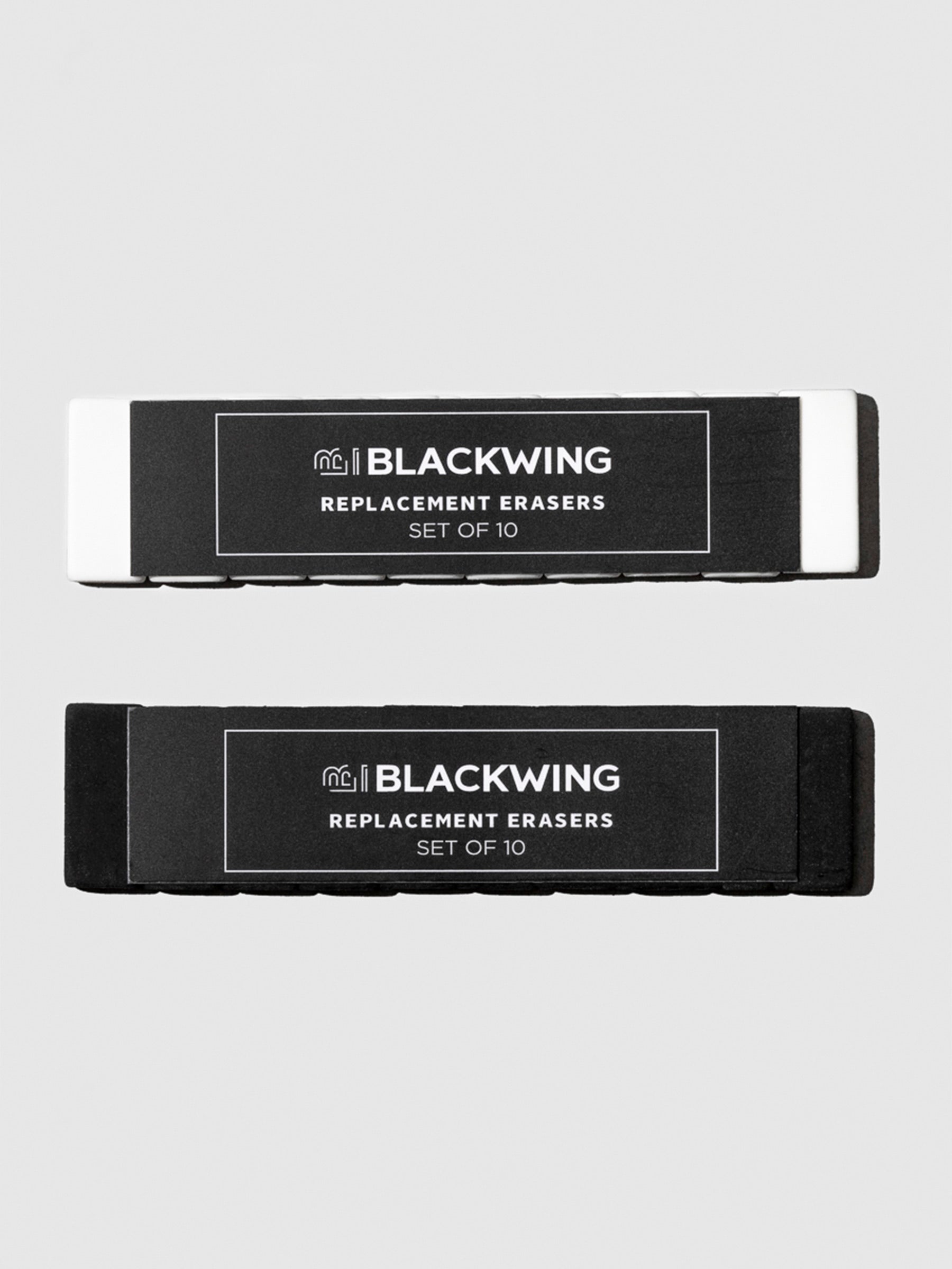 From top to bottom, the image shows two sets of blackwing replacement erasers in the shades white and black. Each set comes with 10 individual erasers.