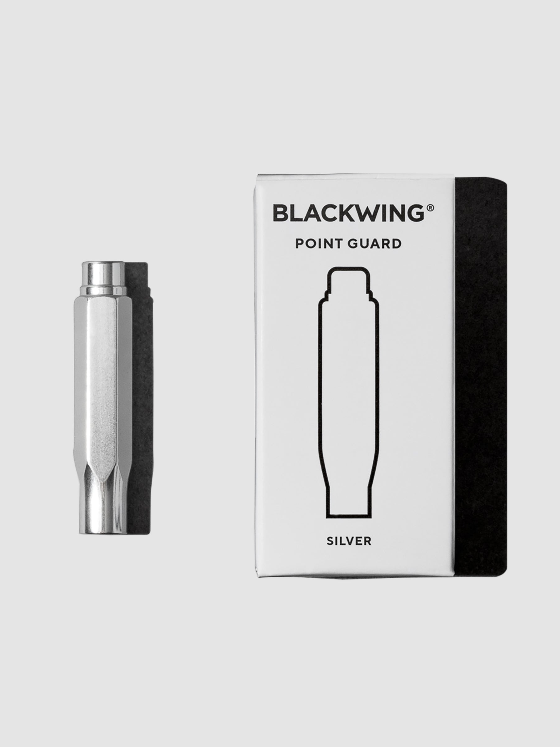 From left to right, the image shows the blackwing point guard in silver next to its box.
