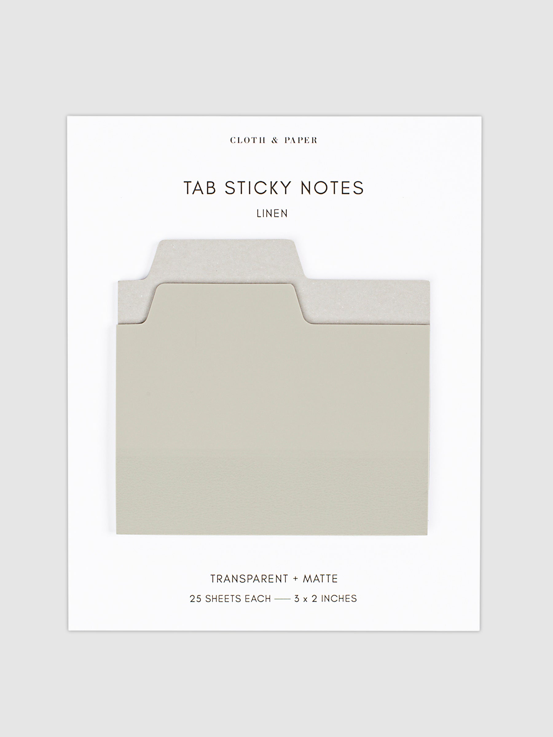 Blank Tab Sticky Note Set, Linen, Cloth and Paper. Sticky note set displayed against a neutral background. The matte sticky note pad is attached to the sticky note backing, while the transparent sticky note pad is layered on top of it, turned slightly to the right.