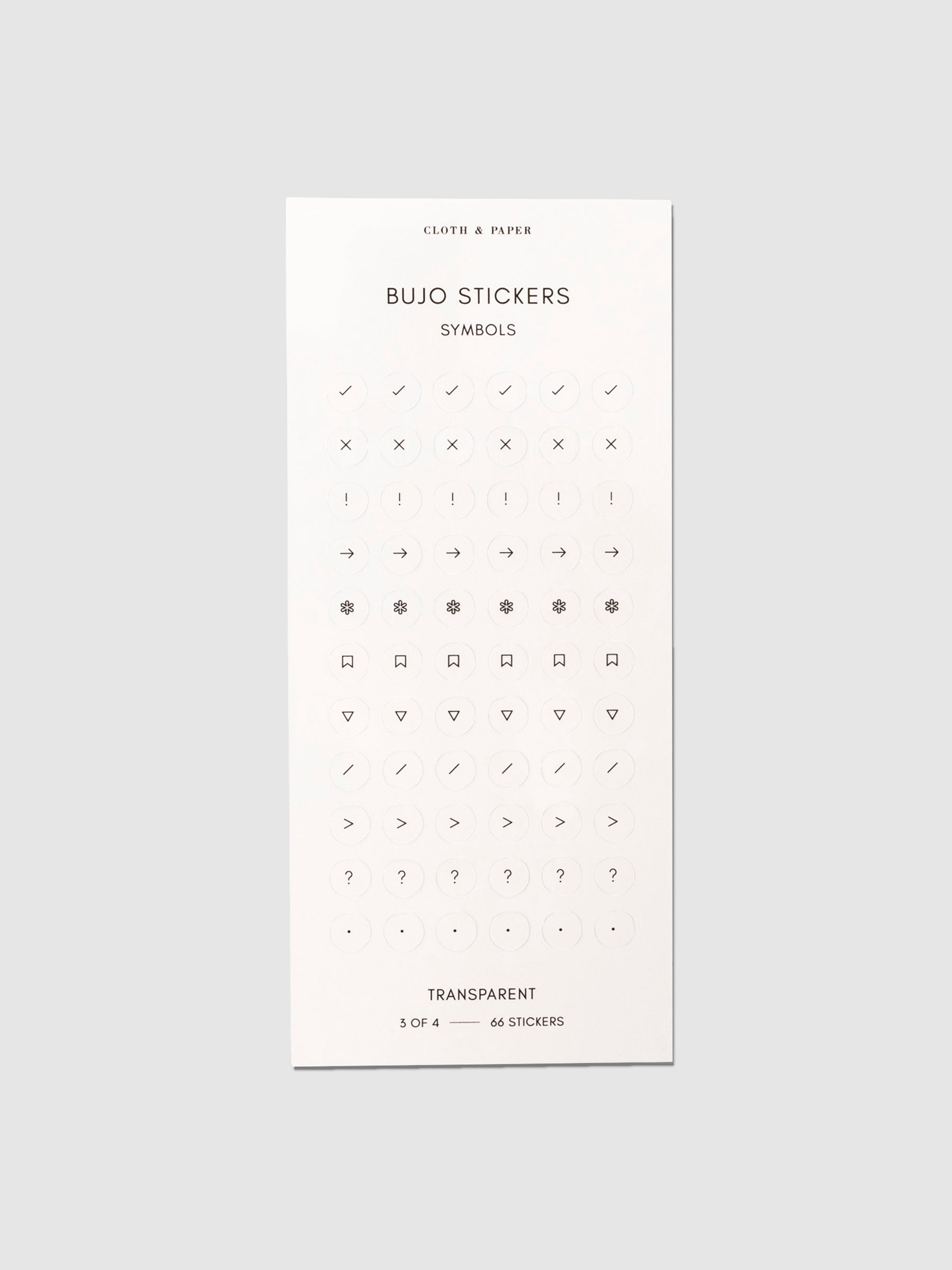 Bujo Stickers, Cloth and Paper. Stickers displayed on a neutral background. Design shown is symbols.