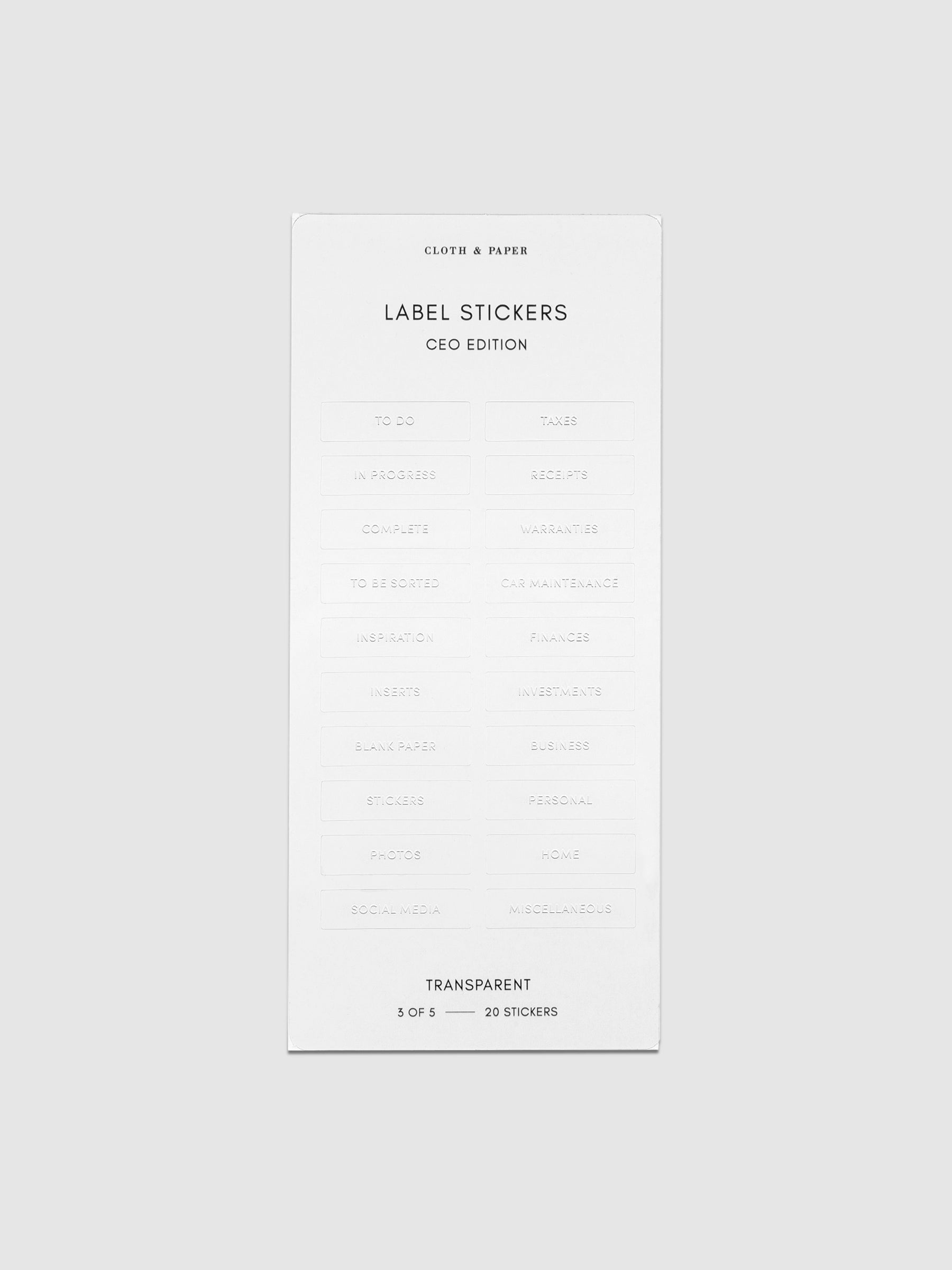 Label stickers in their packaging. The text on each sticker is white.