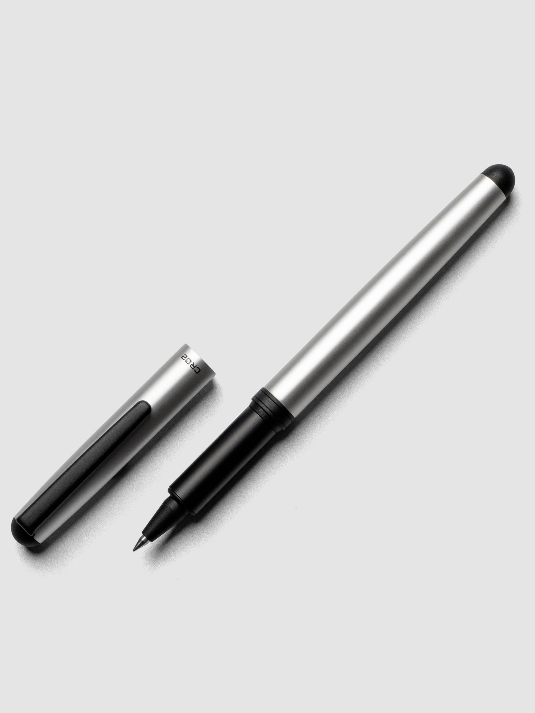 OHTO CR02 Ceramic Rollerball Pen | 0.5 mm shown in matte silver with cap off.