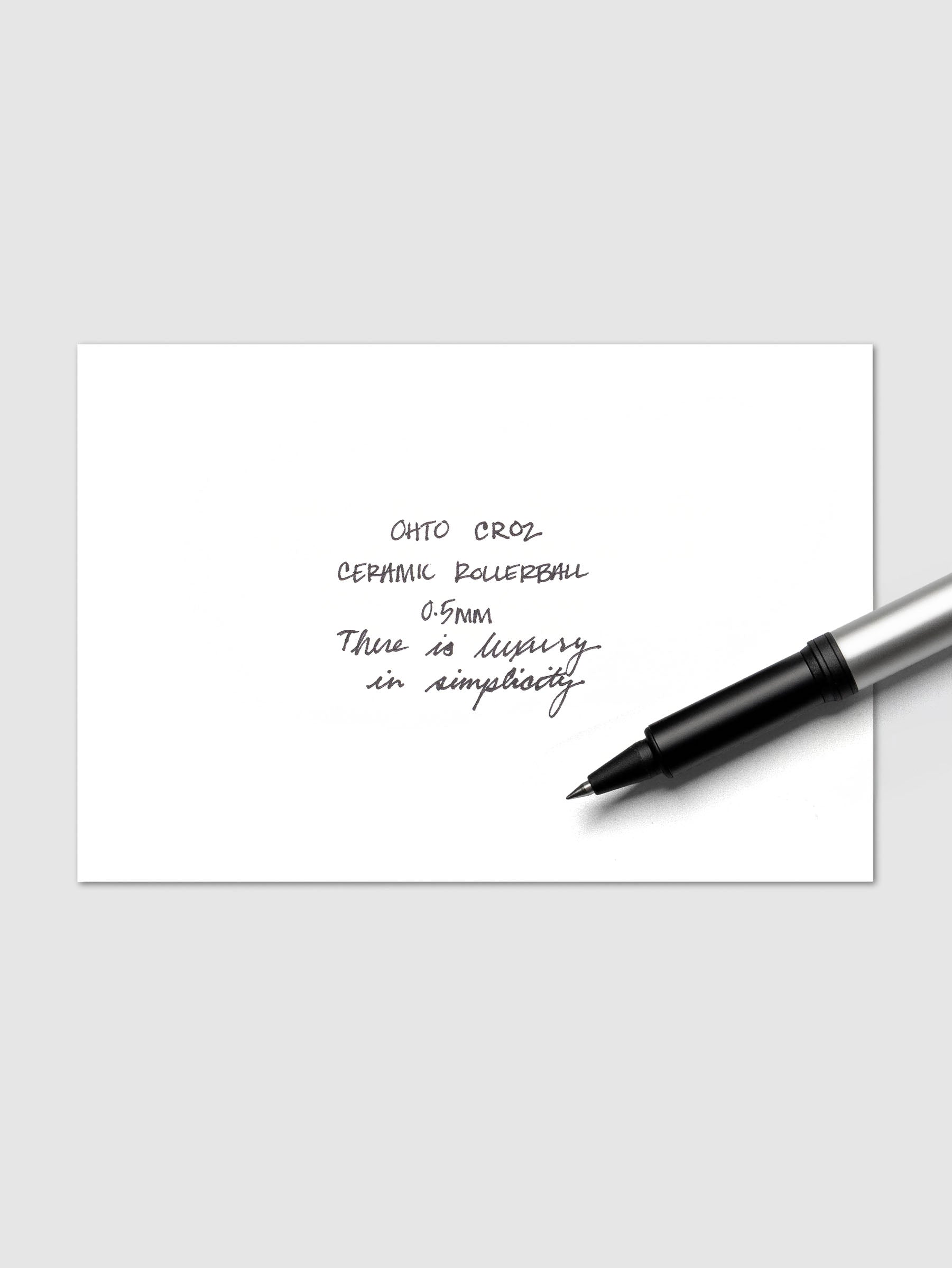 OHTO CR02 Ceramic Rollerball Pen | 0.5 mm writing sample with matte silver.