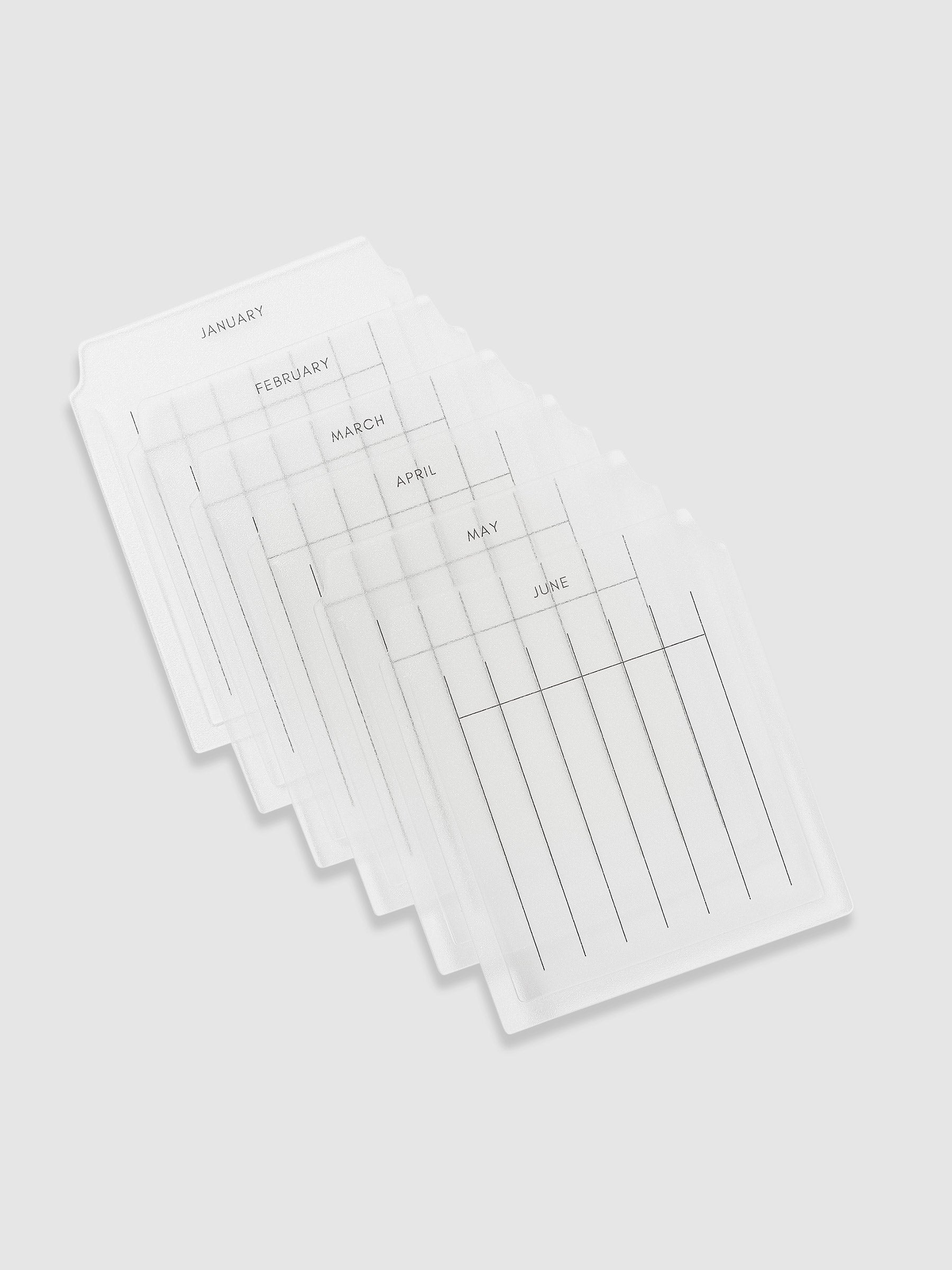 Set of 6 monthly index tabs displayed on a neutral background. Style is monthly, tabs shown are January through June.