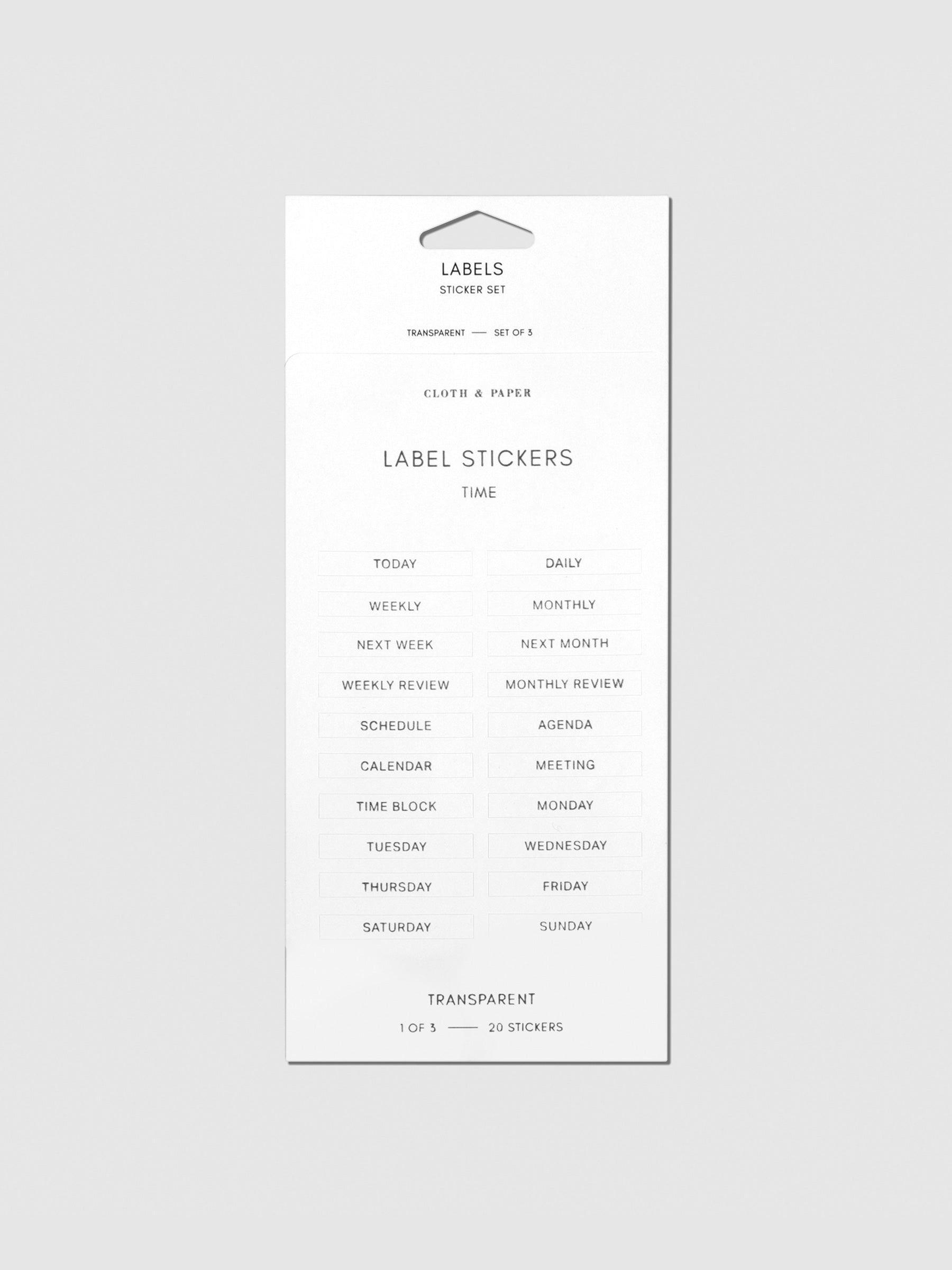 Label stickers in their packaging. The text on each sticker is black.