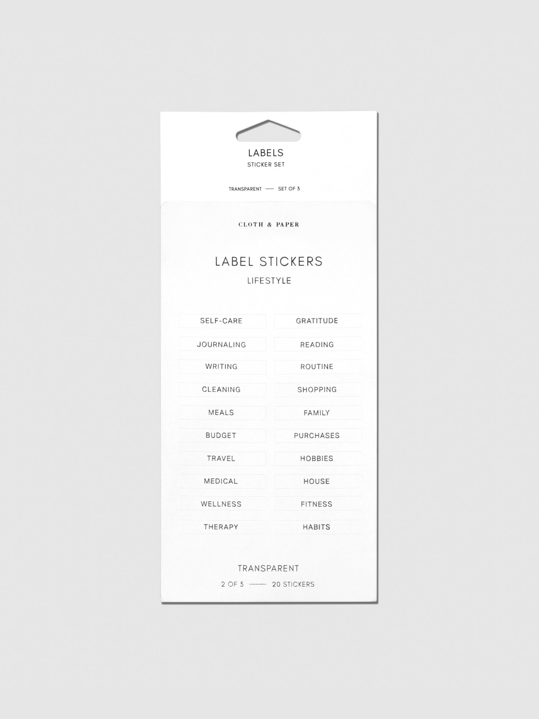 Label stickers in their packaging. The text on each sticker is black.