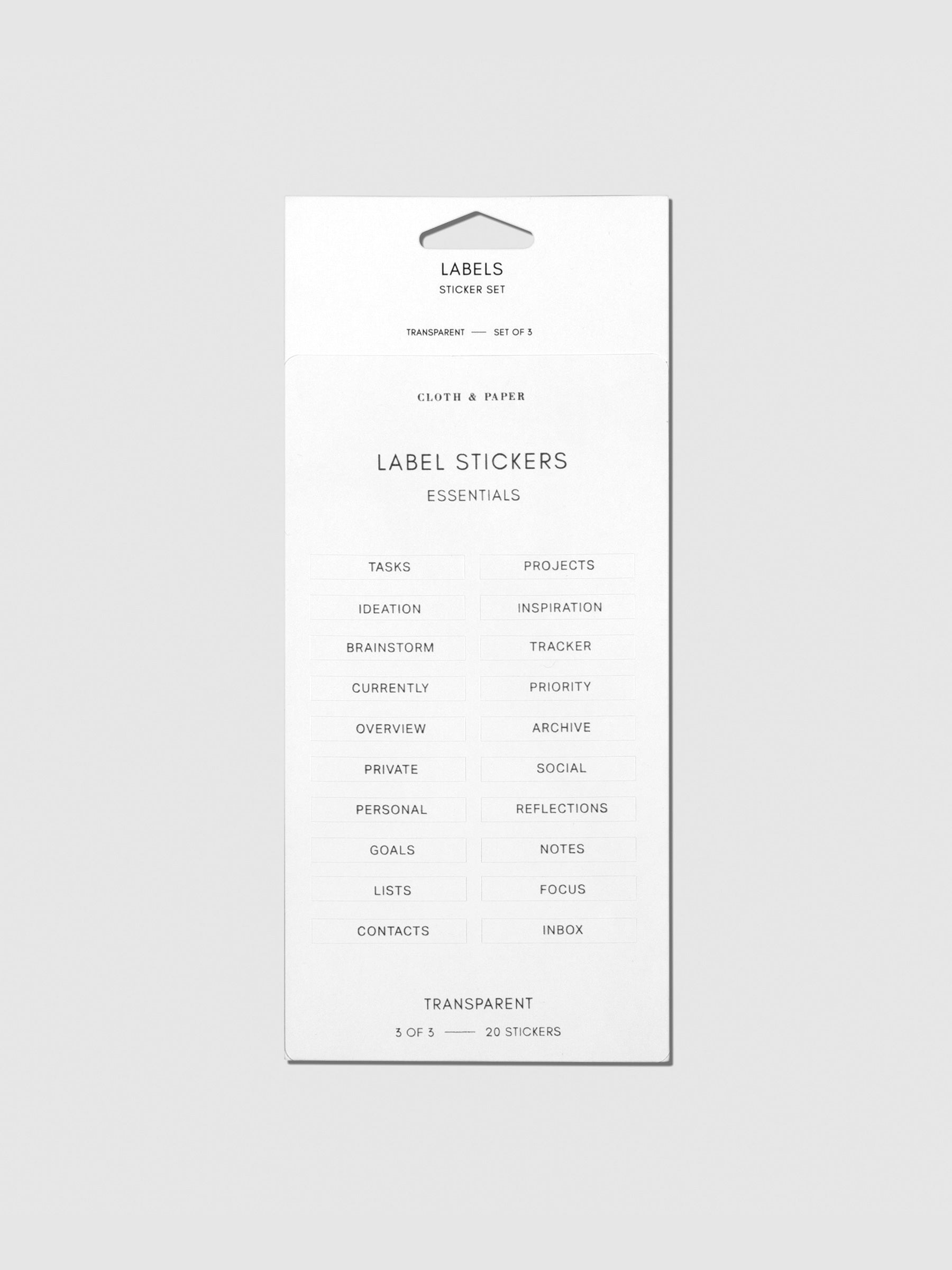 Label stickers in their packaging. The text on each sticker is black.