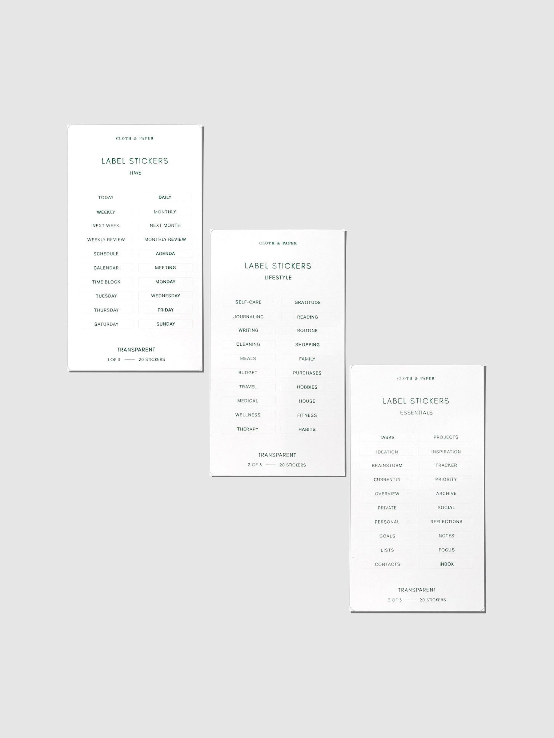 Three heets of stickers displayed on a neutral background - time, lifestyle, and essentials themed.