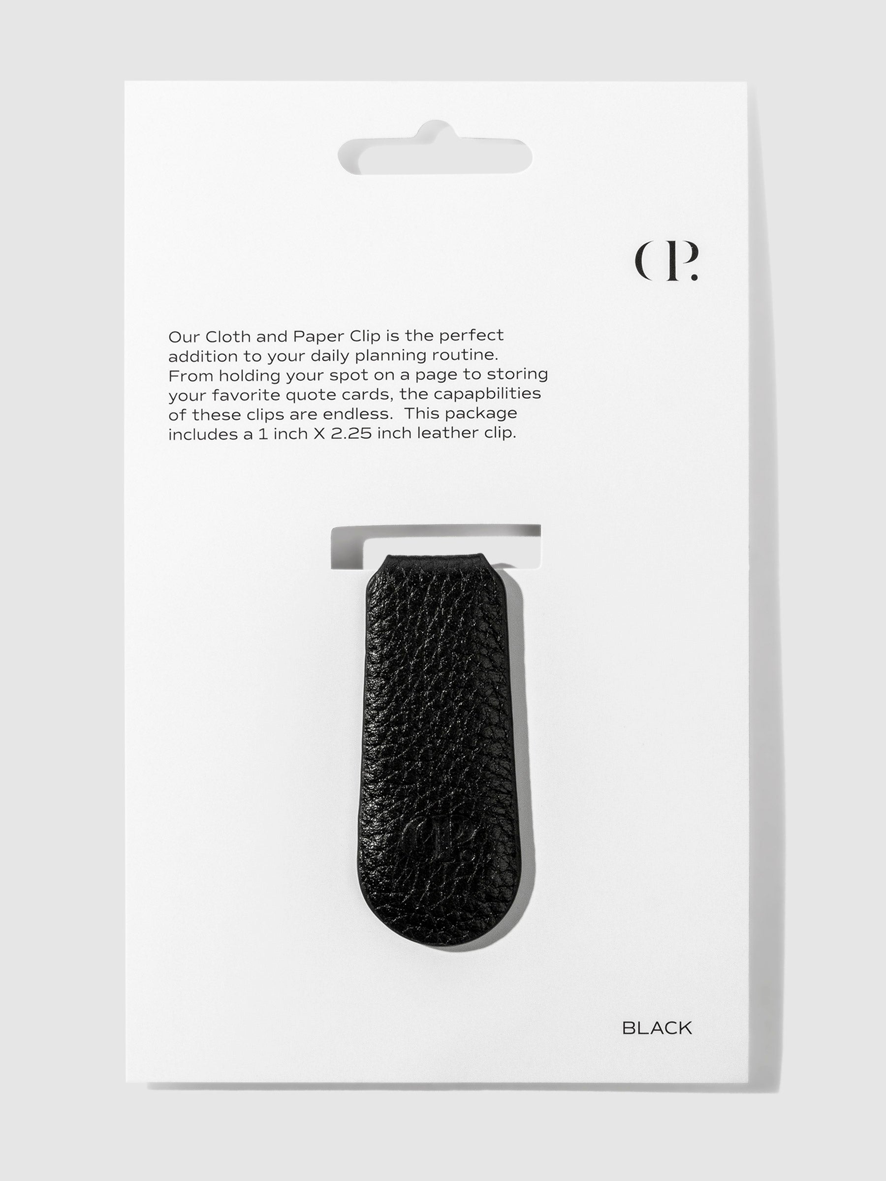 Cloth and Paperclip, Smooth Leather, Cloth and Paper. Clip in its packaging displayed on a neutral background. Color shown is black.