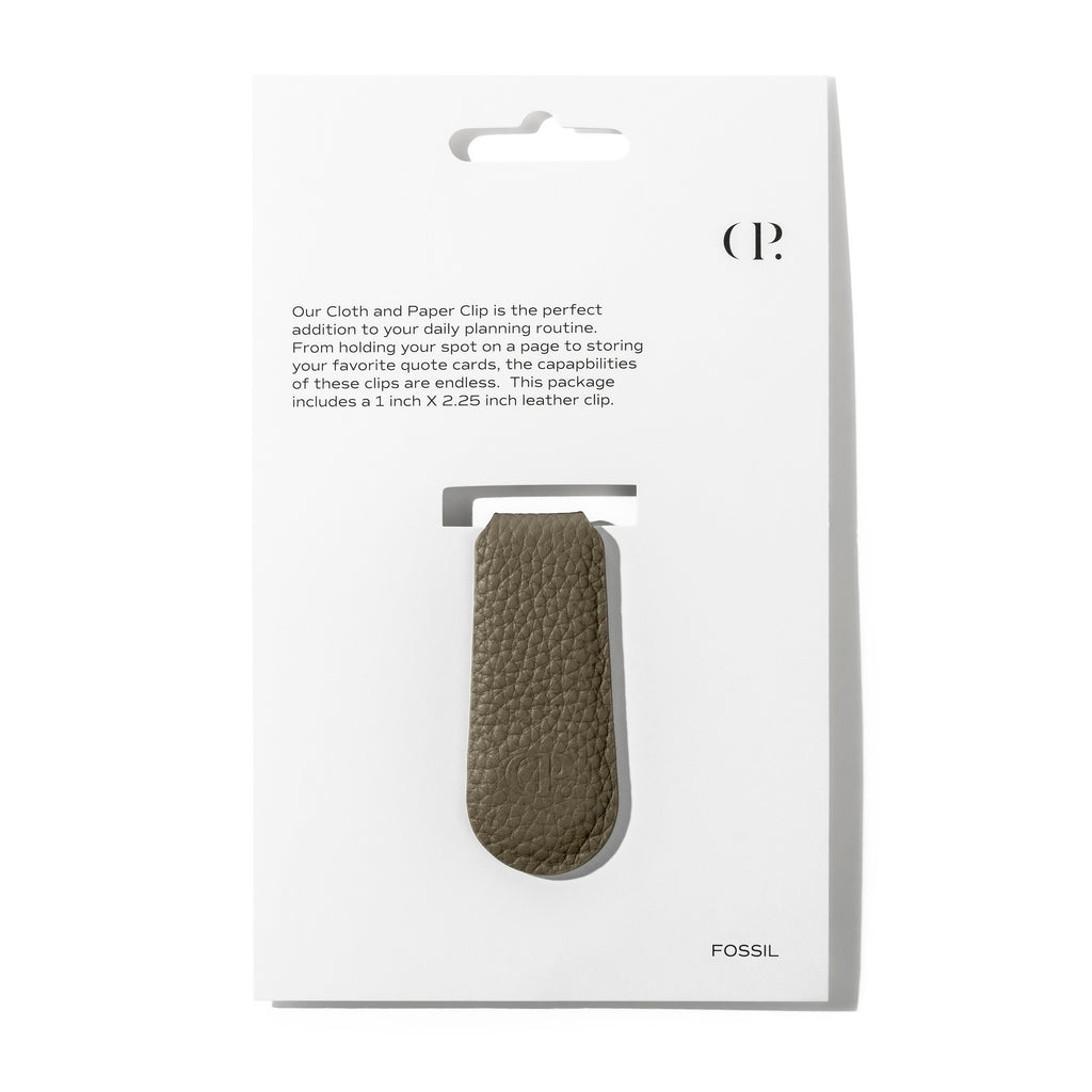 Cloth and Paperclip, Smooth Leather, Cloth and Paper. Clip in its packaging displayed on a white background. Color shown is fossil.