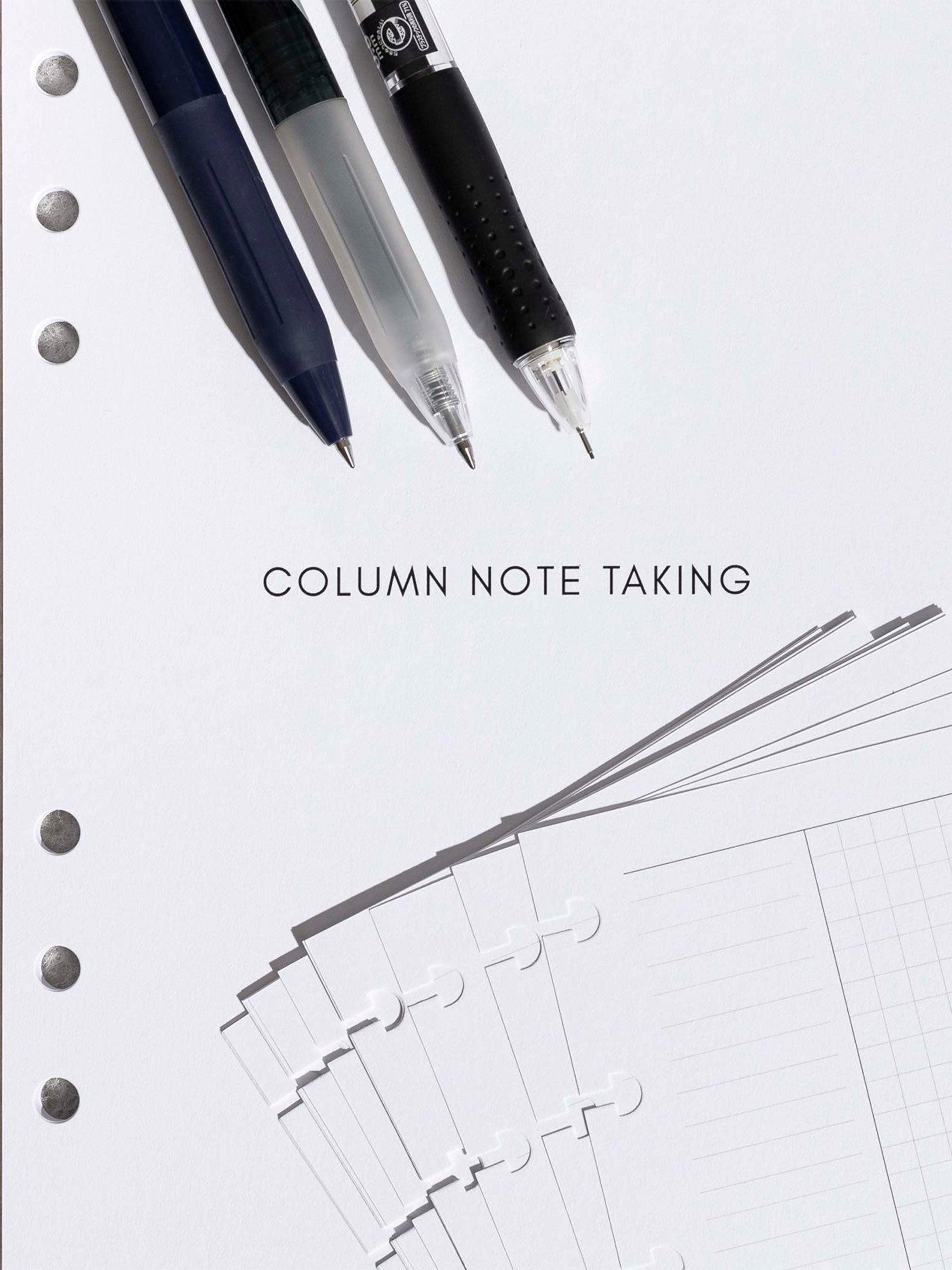 Title page of insert displayed on a fuzzy, textured surface. Two pens, a pencil, and several sheets of discbound Column Note Taking inserts are layered strategically over the title page.