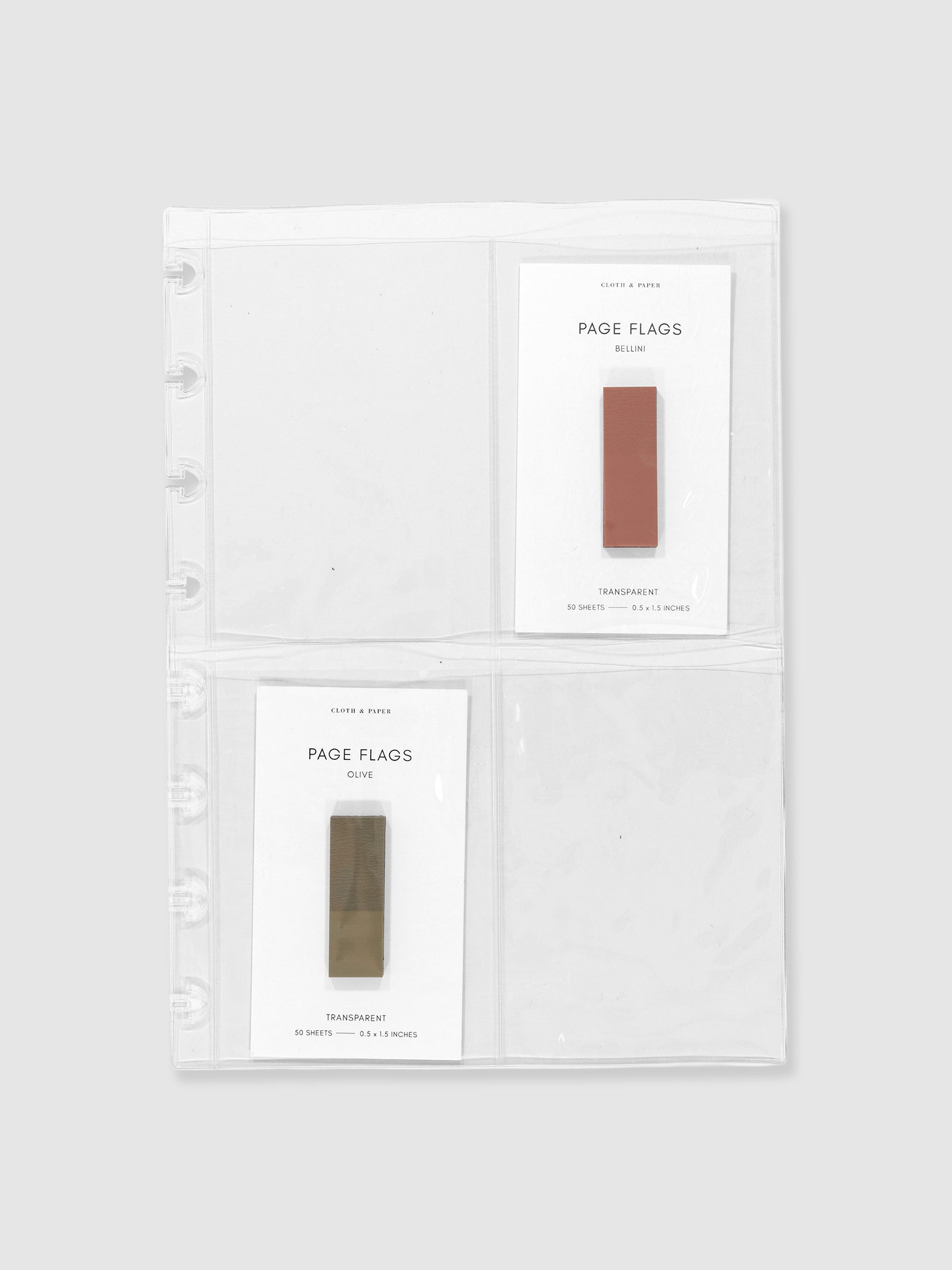 Two sets of page flags are displayed in two of the pockets. Size shown is A5.