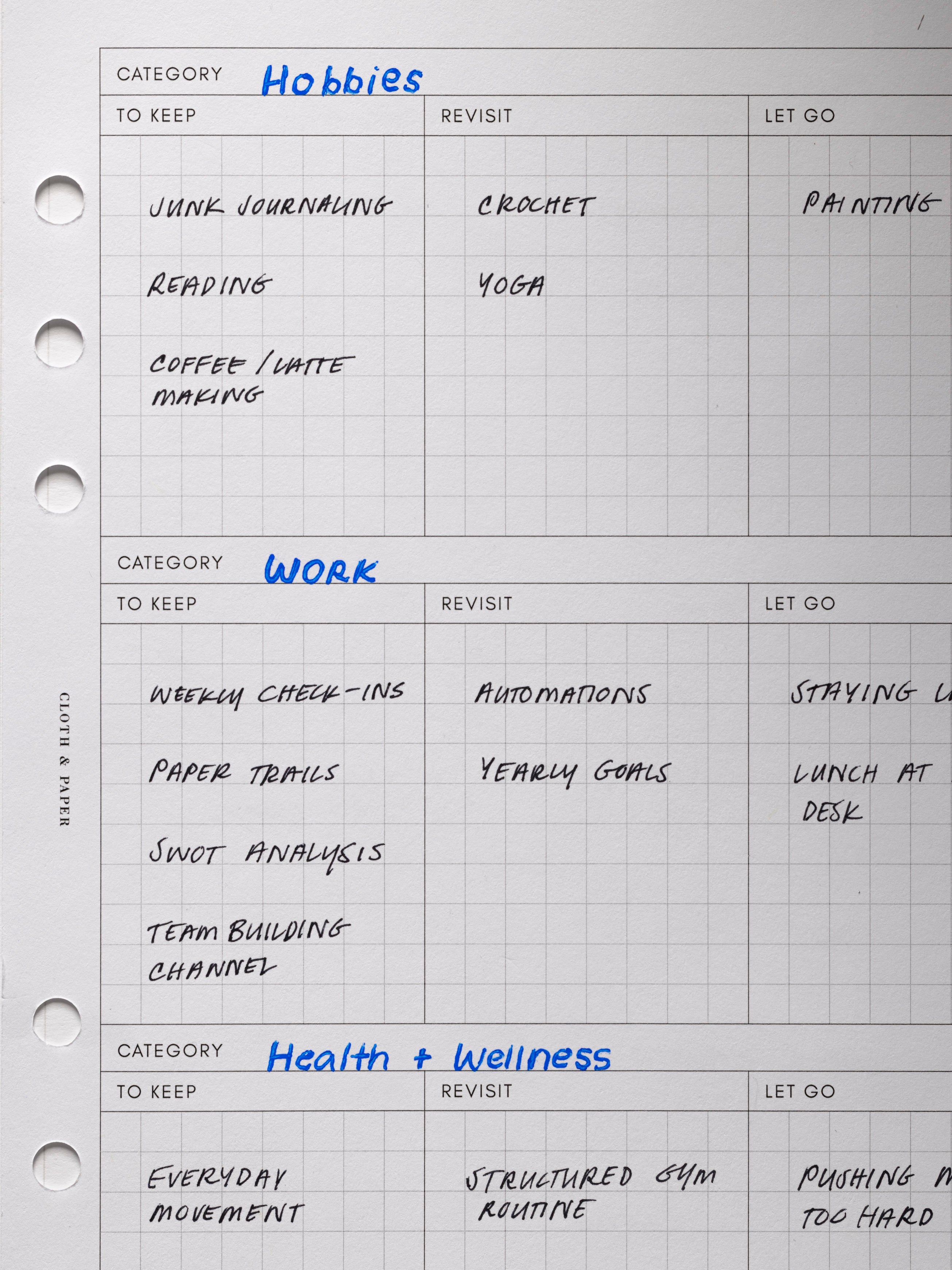 Declutter Planner Inserts shown in use with handwritten notes.