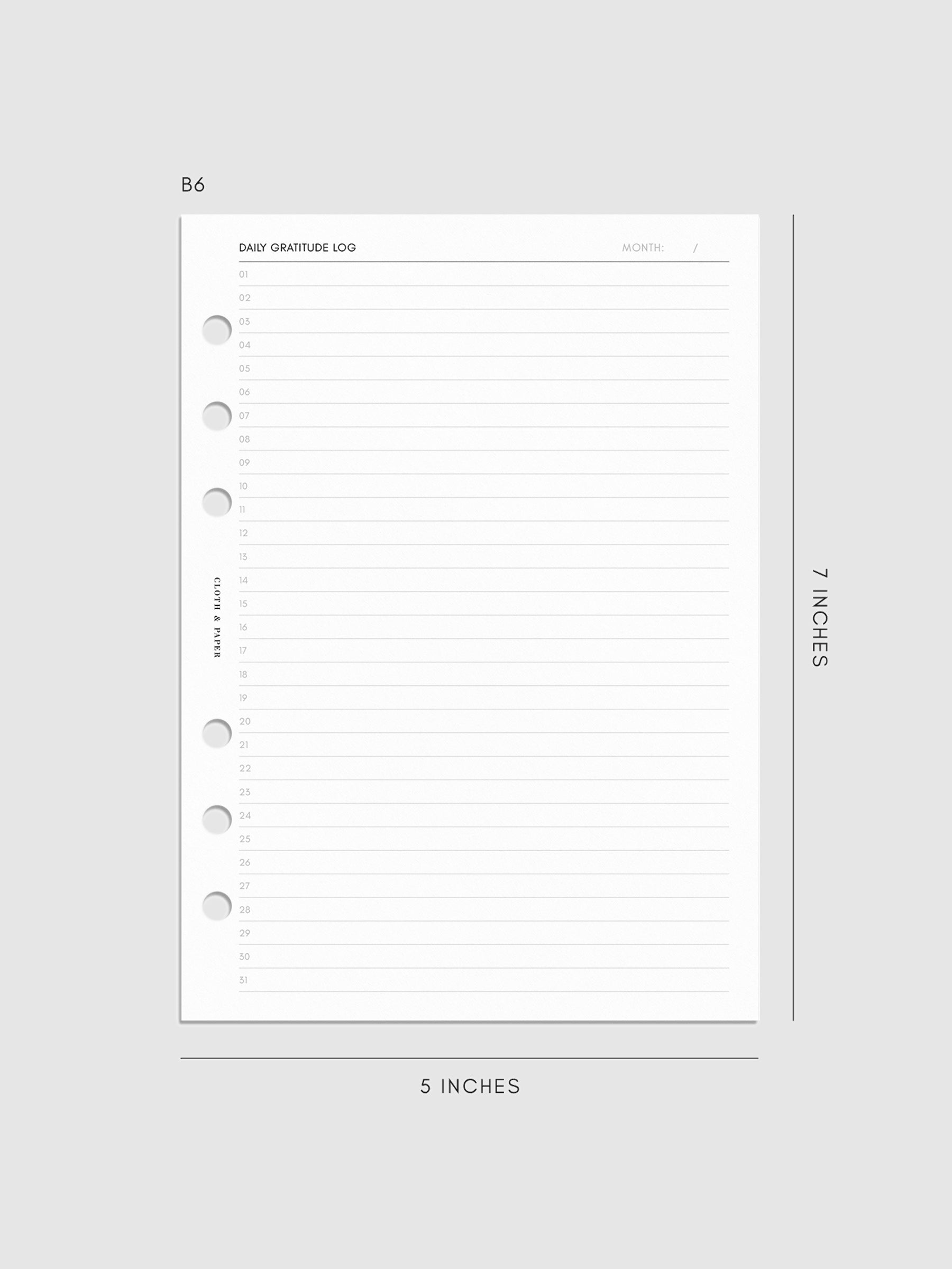 Daily Gratitude Log Planner Inserts B6