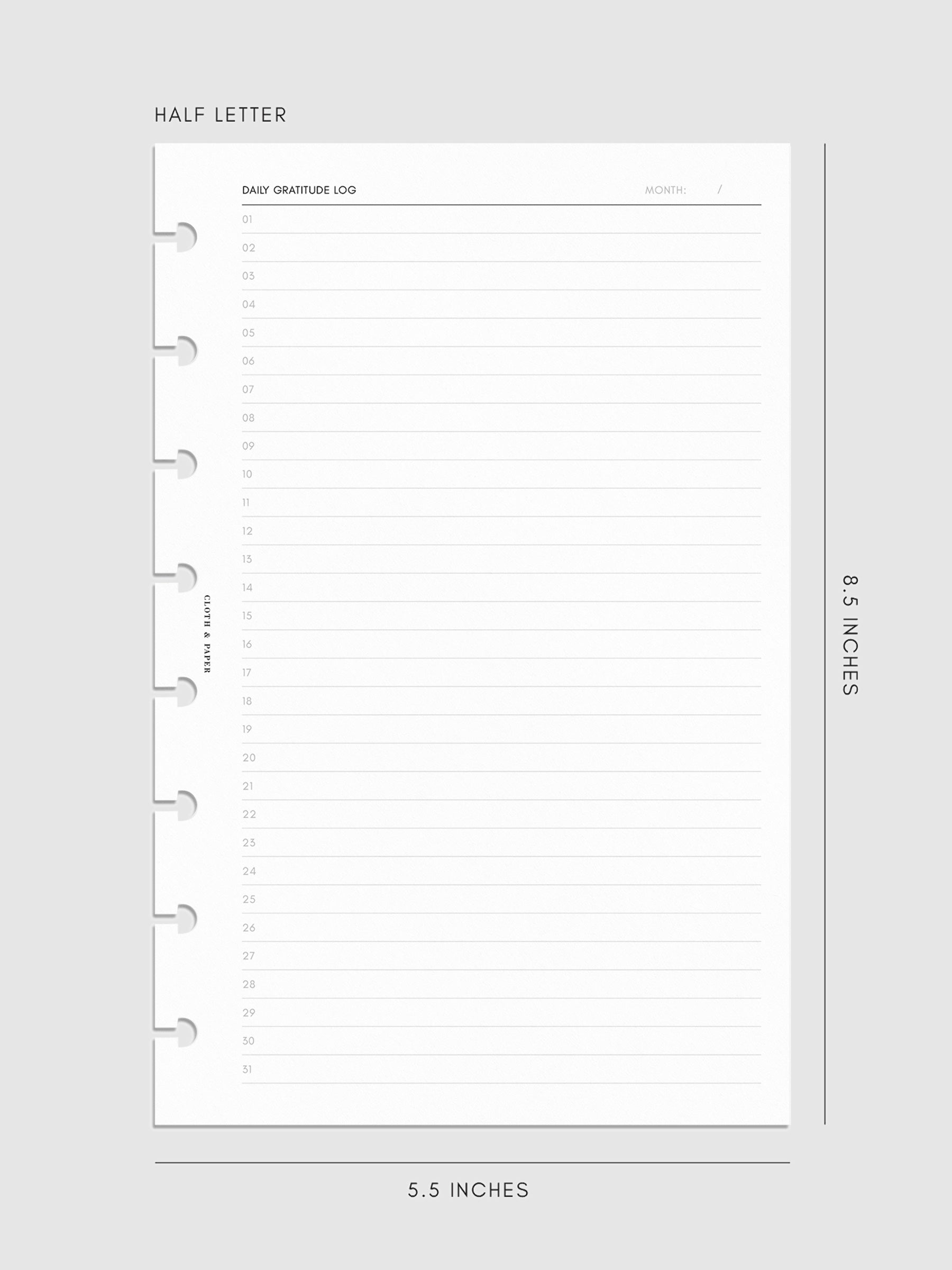 Daily Gratitude Log Planner Inserts half letter