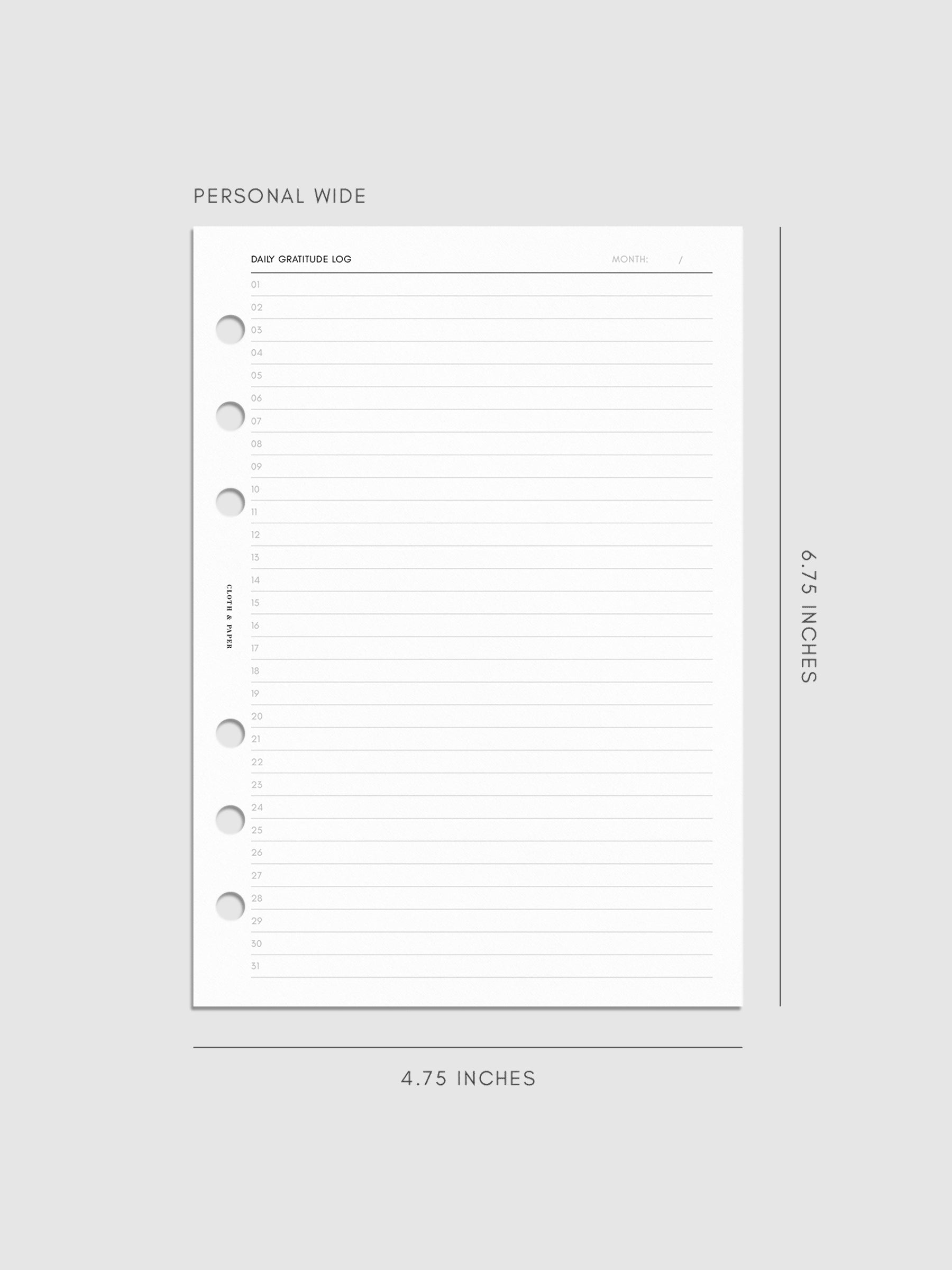 Daily Gratitude Log Planner Inserts personal wide