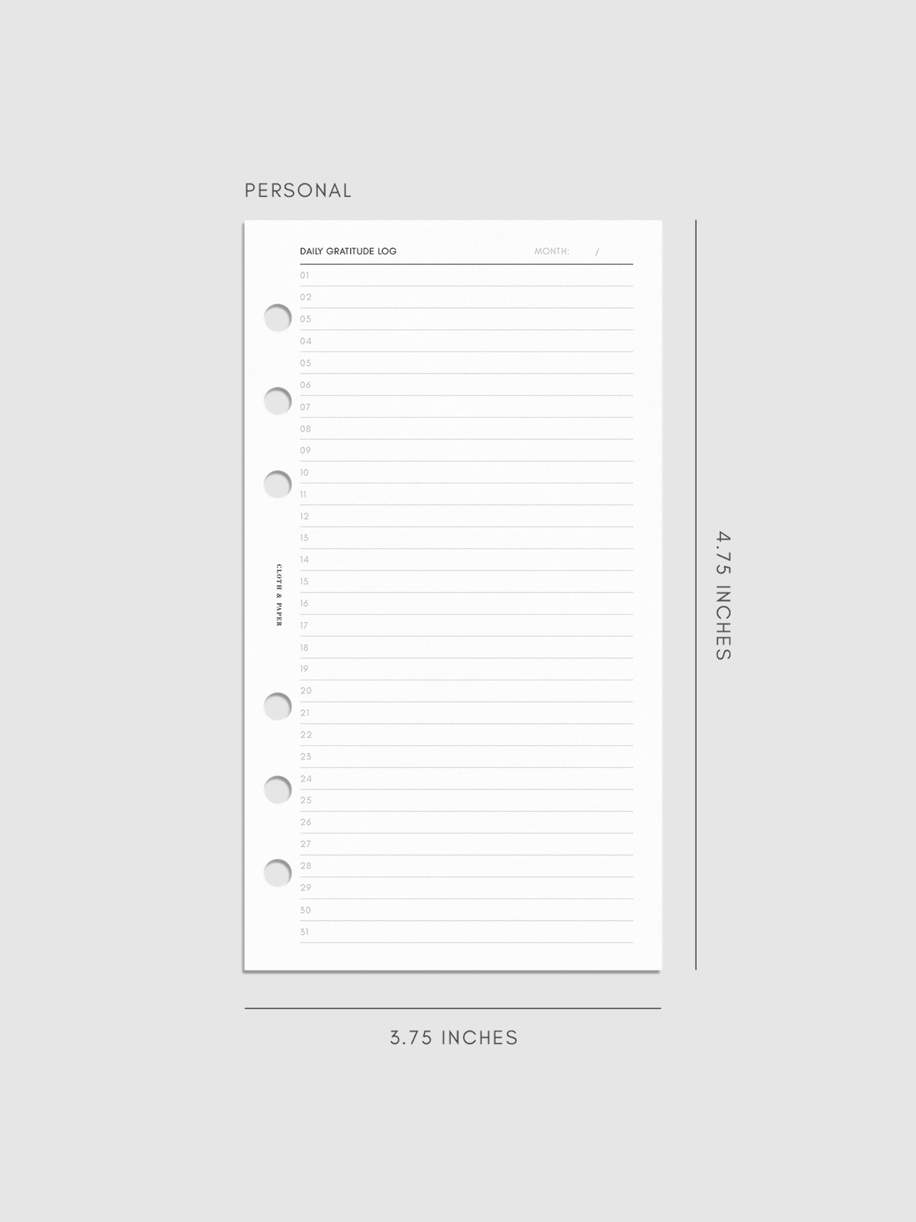 Daily Gratitude Log Planner Inserts personal wide