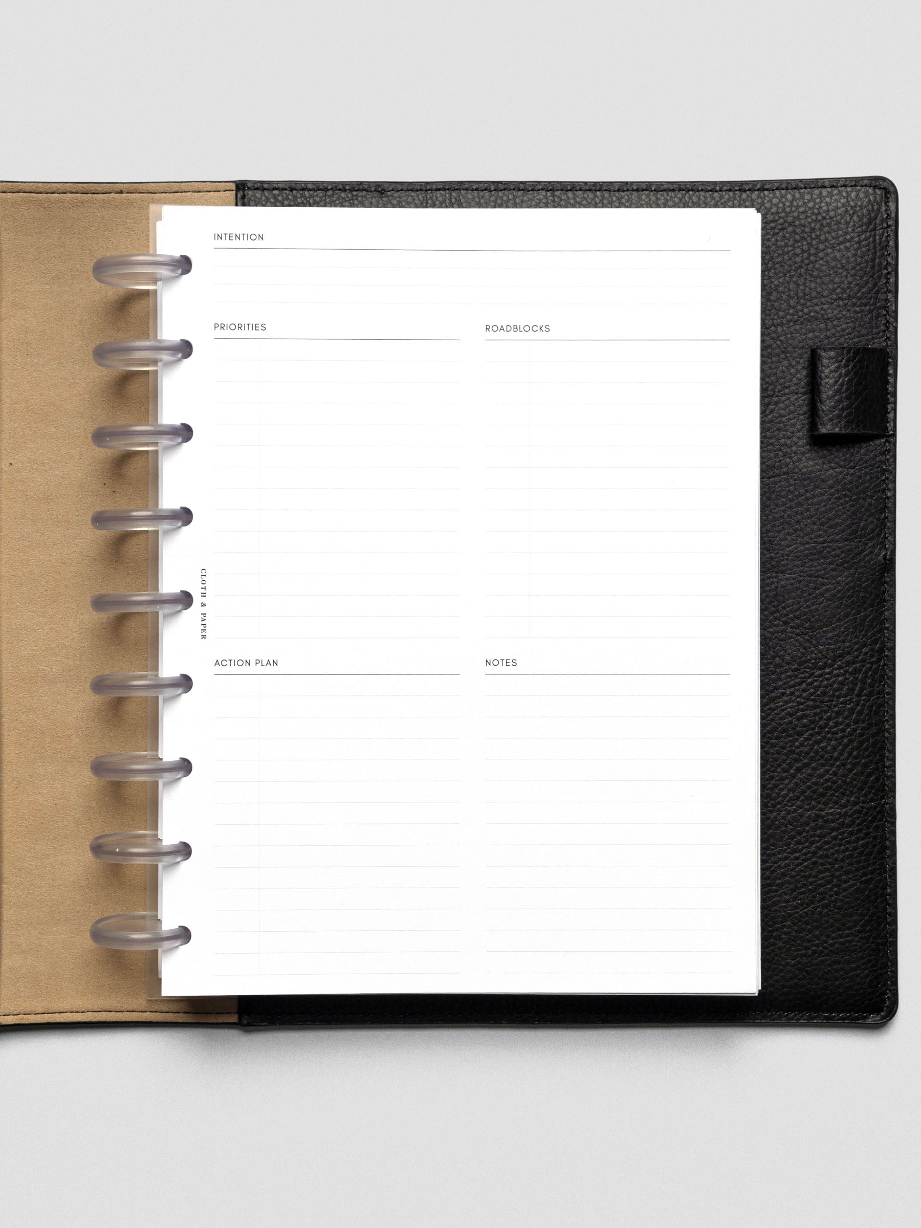 Daily Intention Planner Inserts show blank in HP Classic size disc bound in a leather cover.