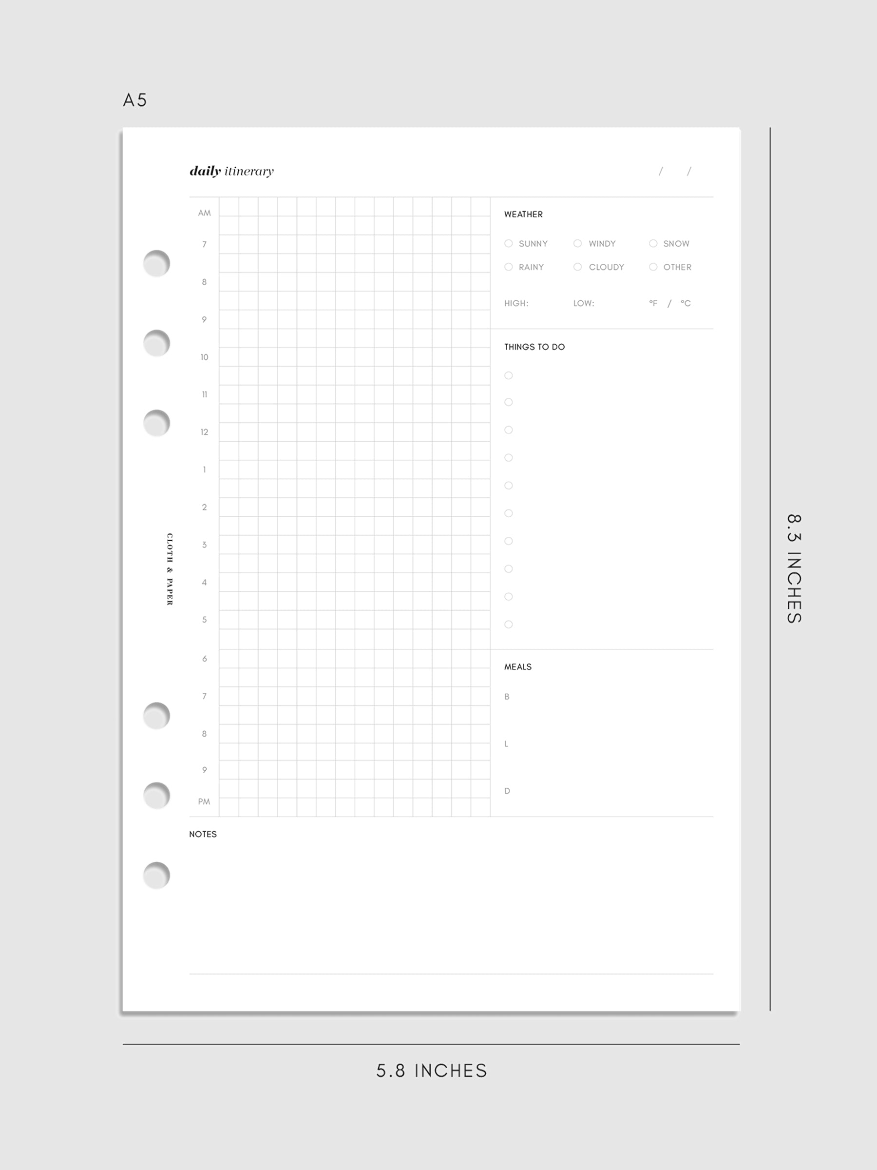 A5 6-Ring Punch Daily Itinerary Inserts