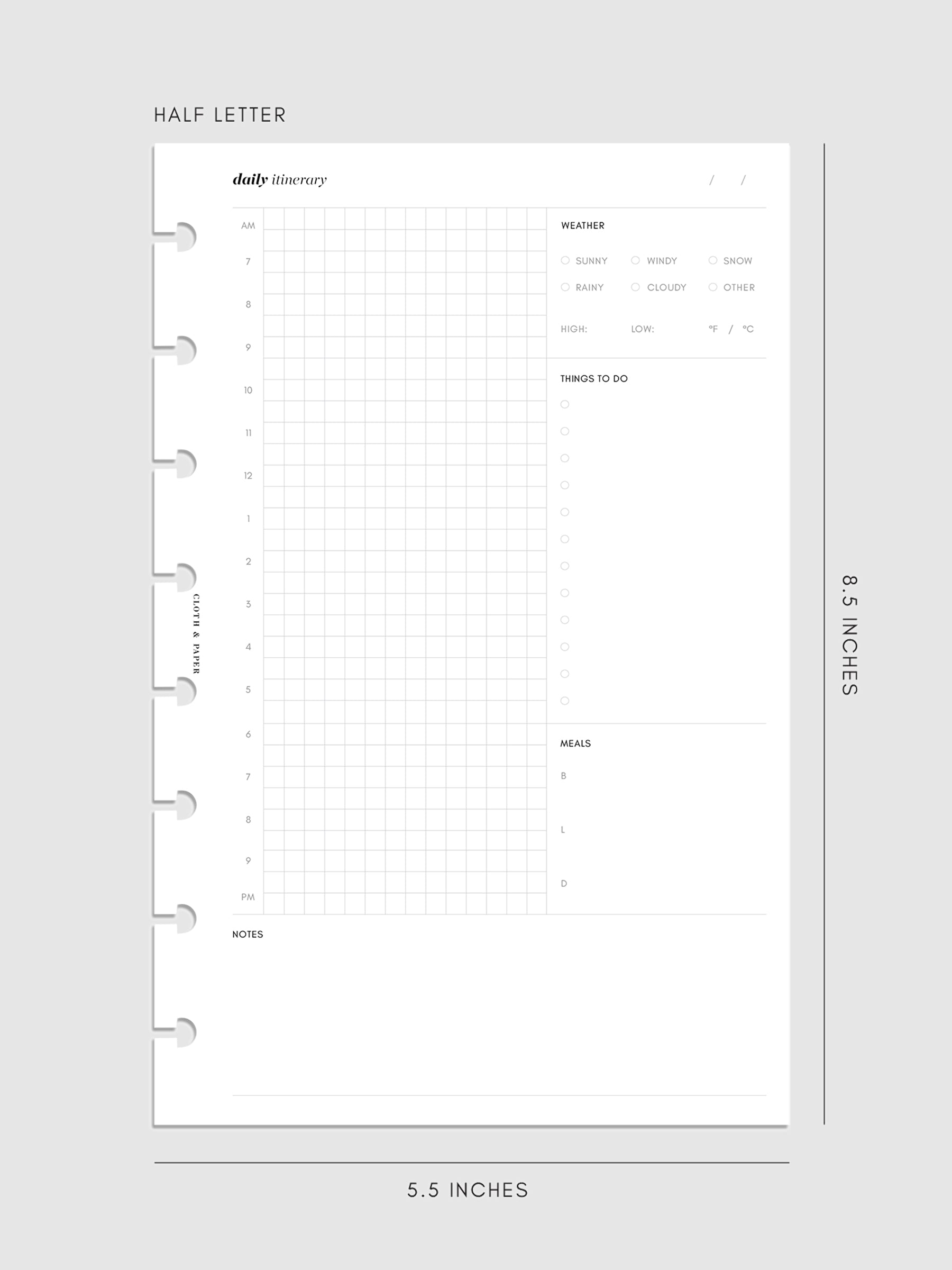 Half Letter 8-Disc Punch Daily Itinerary Inserts