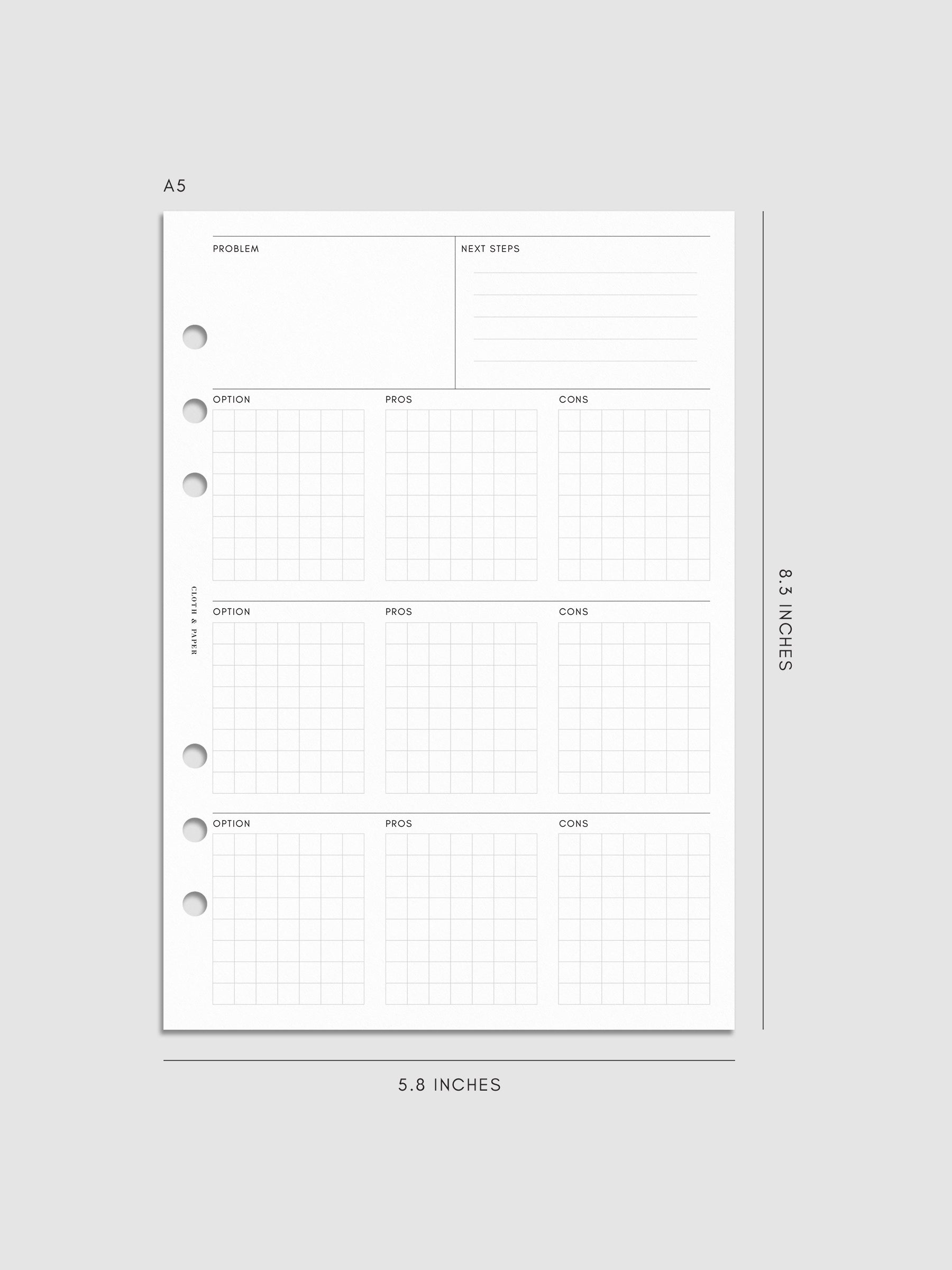 A5 decision-making insert measuring 5.8 by 8.3 inches. Features structured sections for problem, next steps, and gridded option boxes for pros and cons, with six-ring punches on the side.