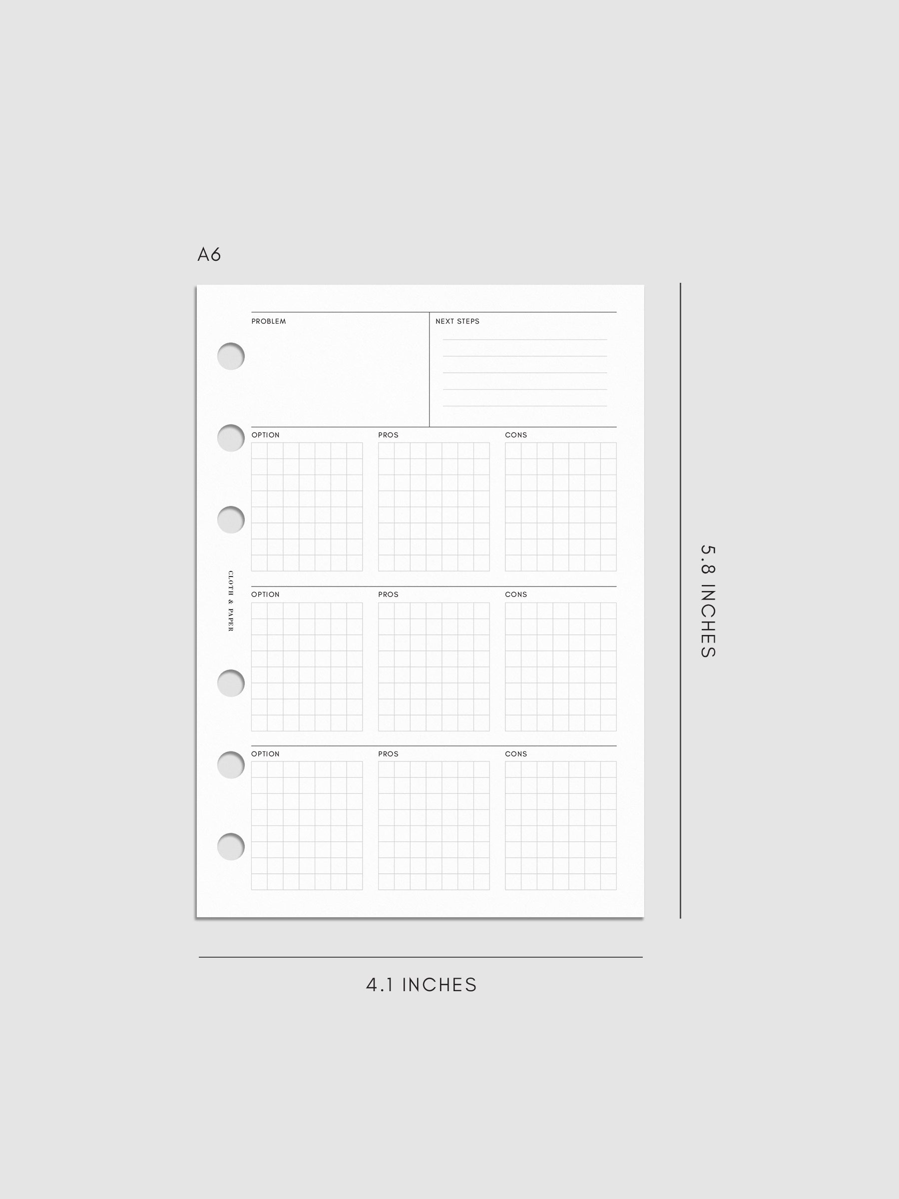 A6 decision-making insert measuring 4.1 by 5.8 inches. Features a clean layout with problem, next steps, and option grids for pros and cons, with six-ring punches along the side.