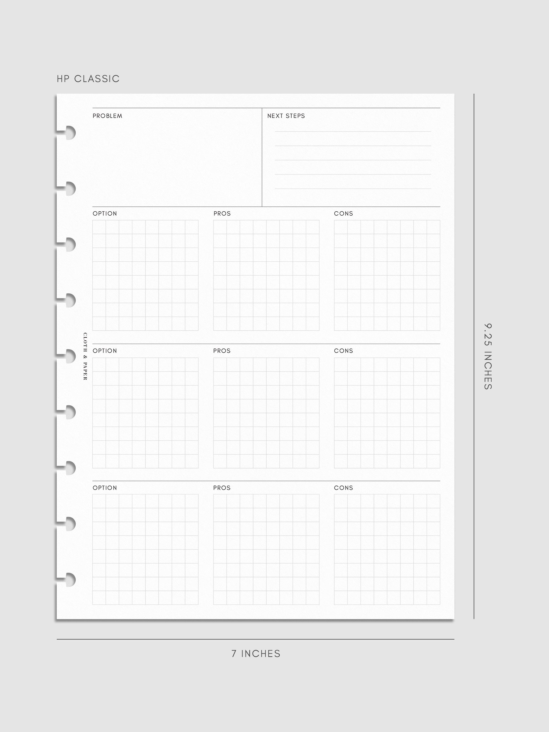 HP Classic decision-making insert measuring 7 by 9.25 inches. Minimal layout with problem, next steps, and option grids for pros and cons, with disc-bound punches along the side.