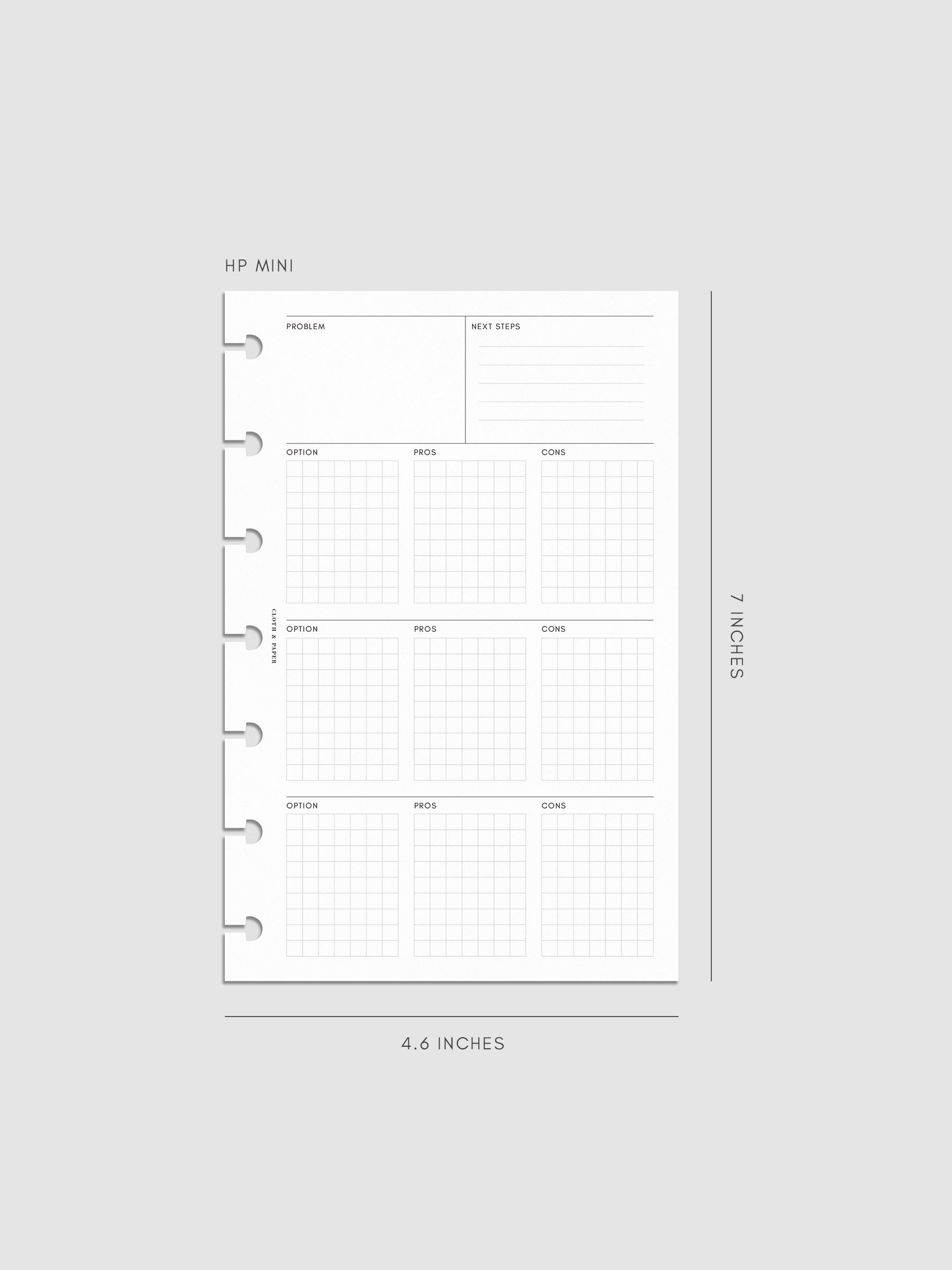 HP Mini decision-making insert measuring 4.6 by 7 inches. Clean design featuring problem, next steps, and option grids with pros and cons, with disc-bound punches along the side.