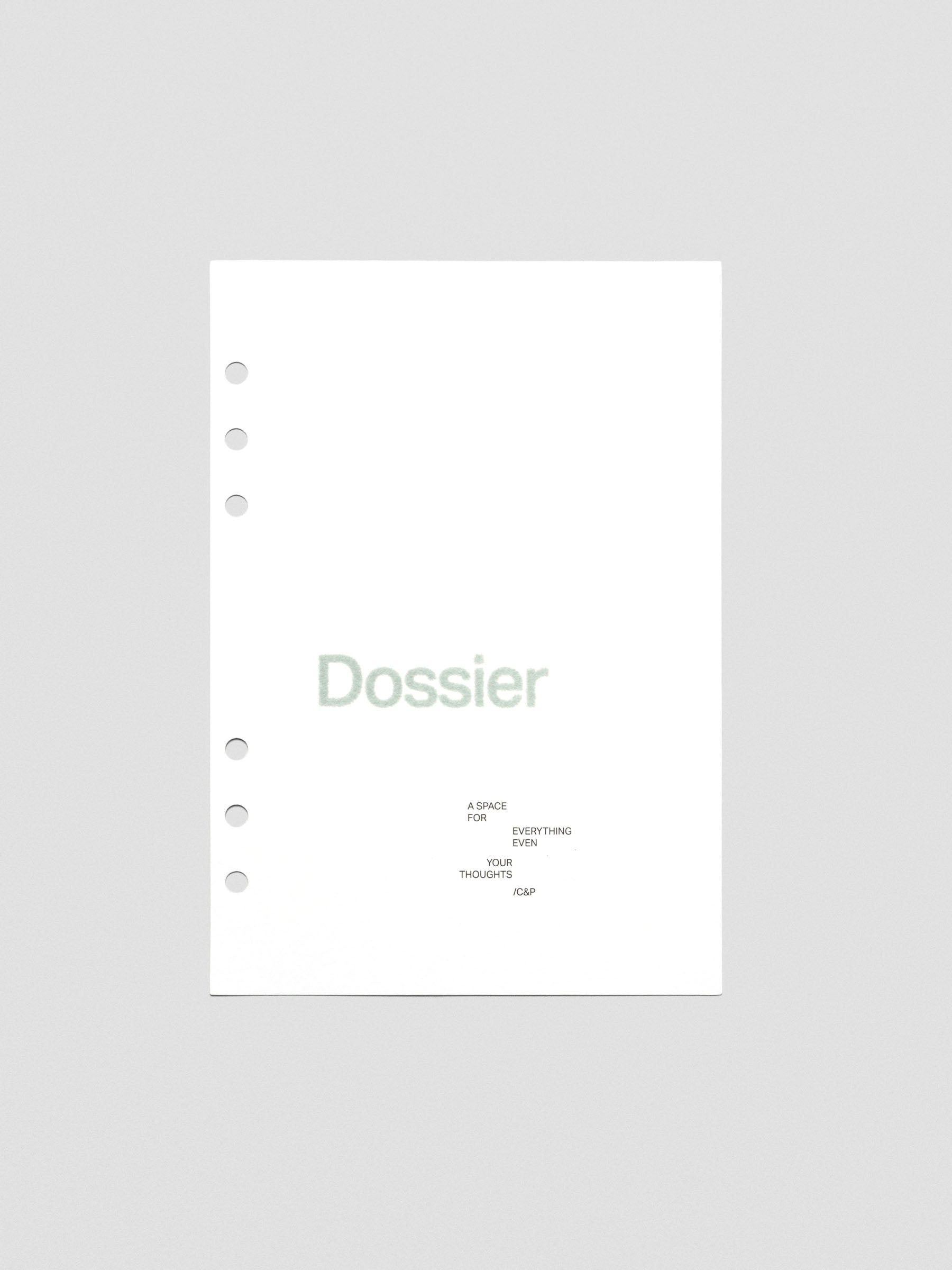 White cardstock planner dashboard with "Dossier" text in a green-blue flocked material with text below shown in A5 size.