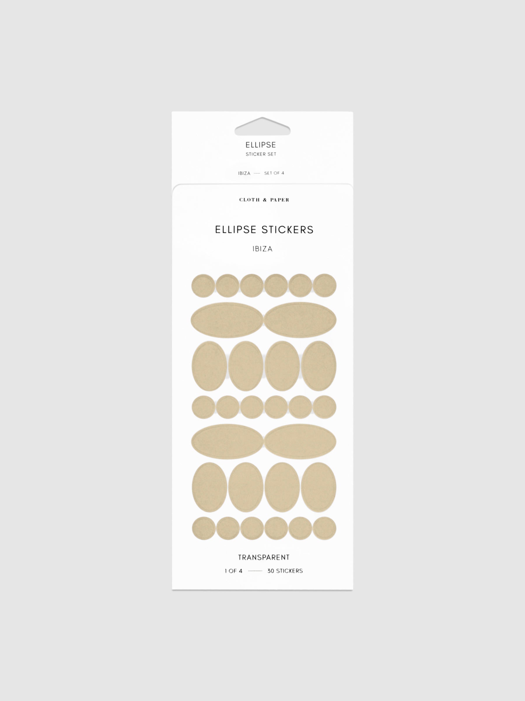 Ibiza stickers in their packaging on a neutral background.