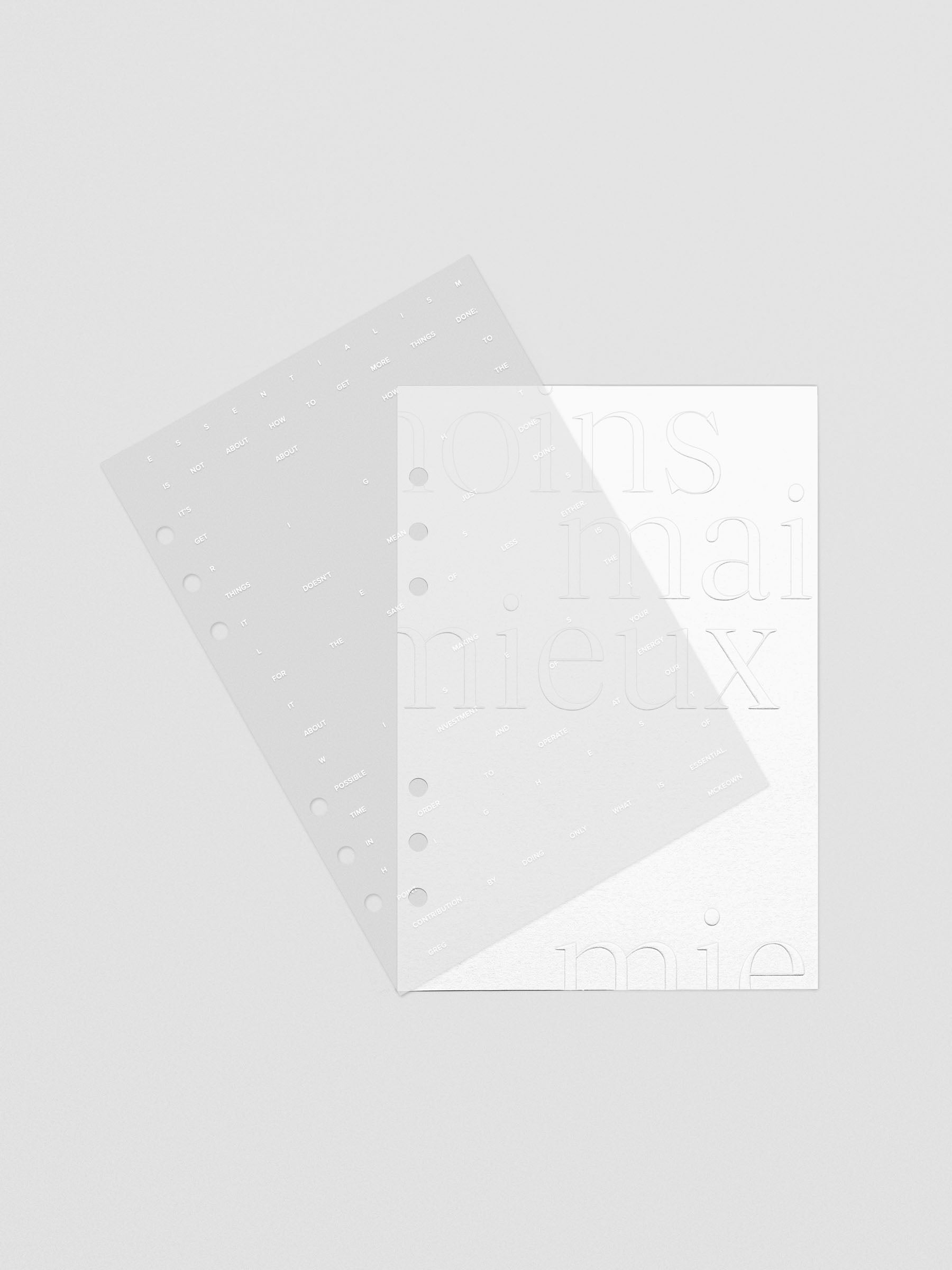 Essentialism Dashboard Duo reading "moins mai mieux" in size A5 shown offset to display a transparent and cardstock layer.