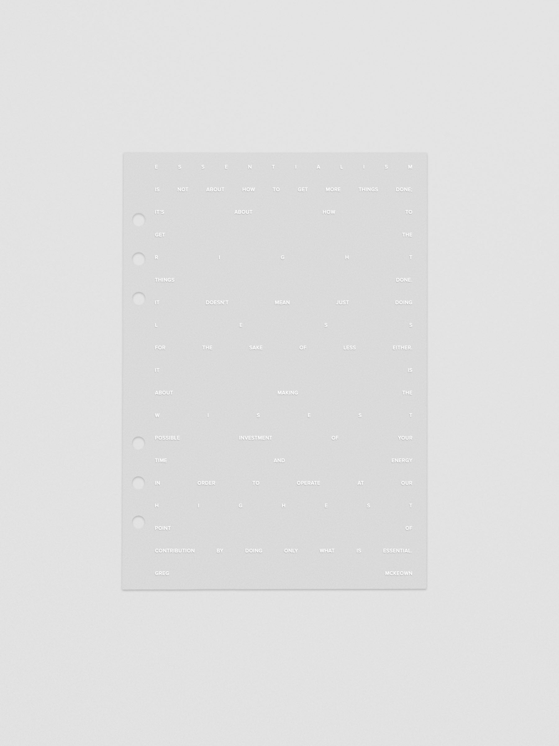 Essentialism Dashboard Duo reading "moins mai mieux" in size A5; transparent layer only.