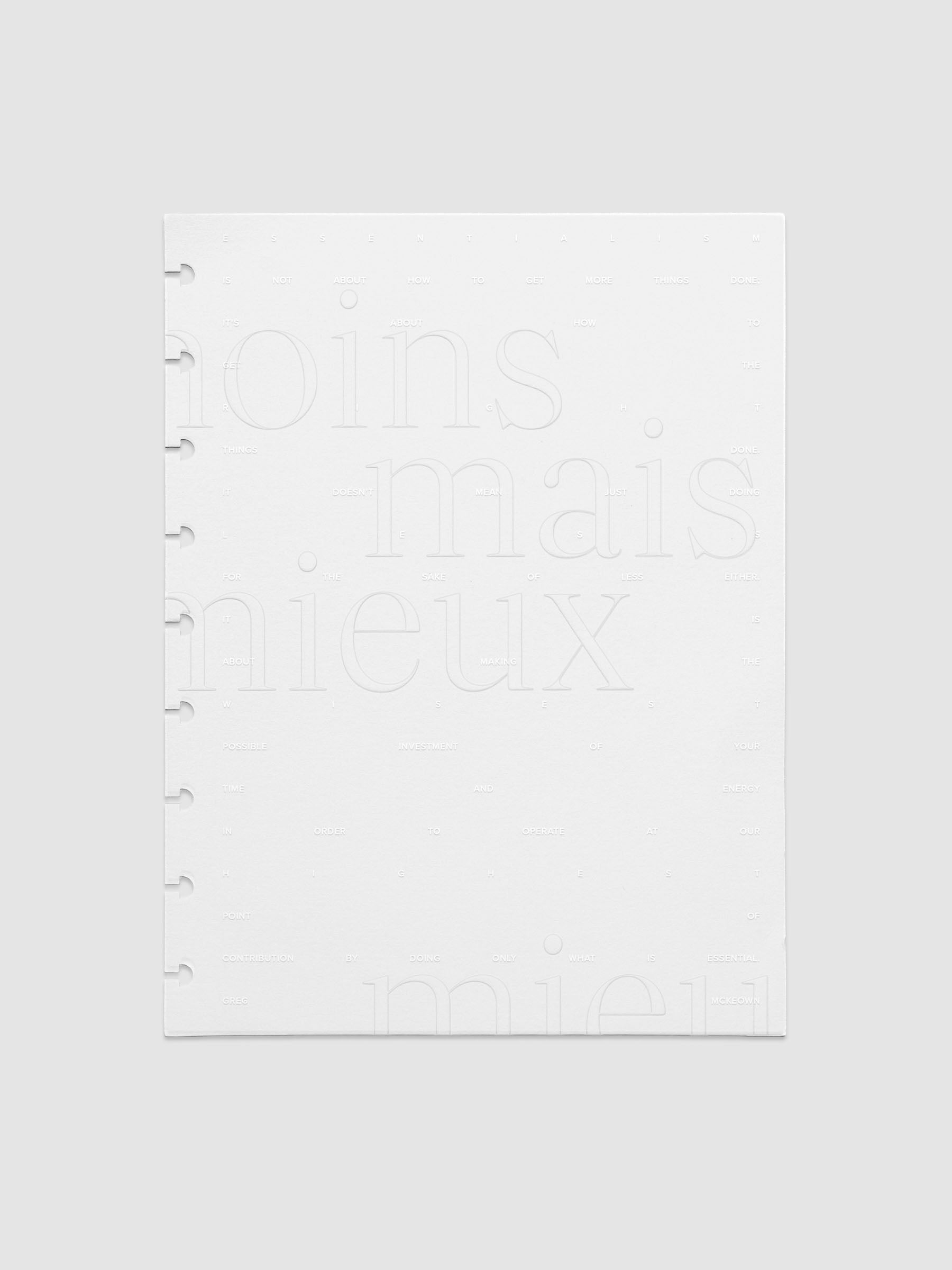 Essentialism Dashboard Duo reading "moins mai mieux" in size HP Classic.