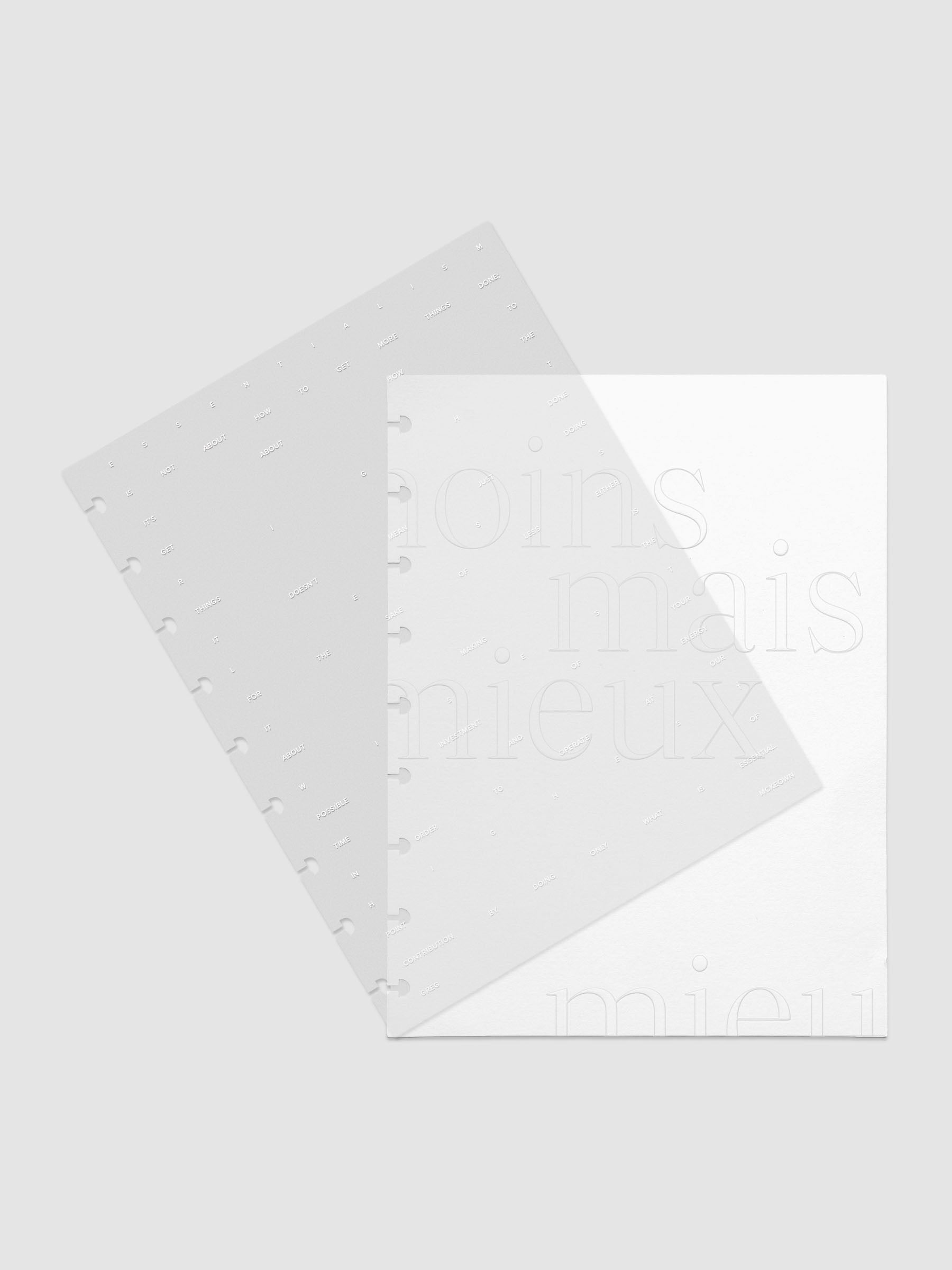 Essentialism Dashboard Duo reading "moins mai mieux" in size HP Classic; shown with layers offset.